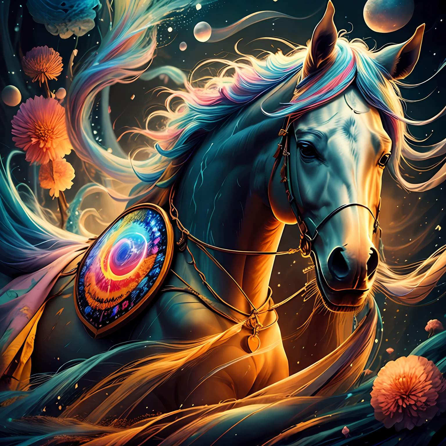 a painting of a colorful horse on a black background, breathtaking rendering, within a radiant connection, inspired by Kinuko Y. Craft,, magical elements, wow, is beautiful, casting a multi colorful spell, bright flash, flash