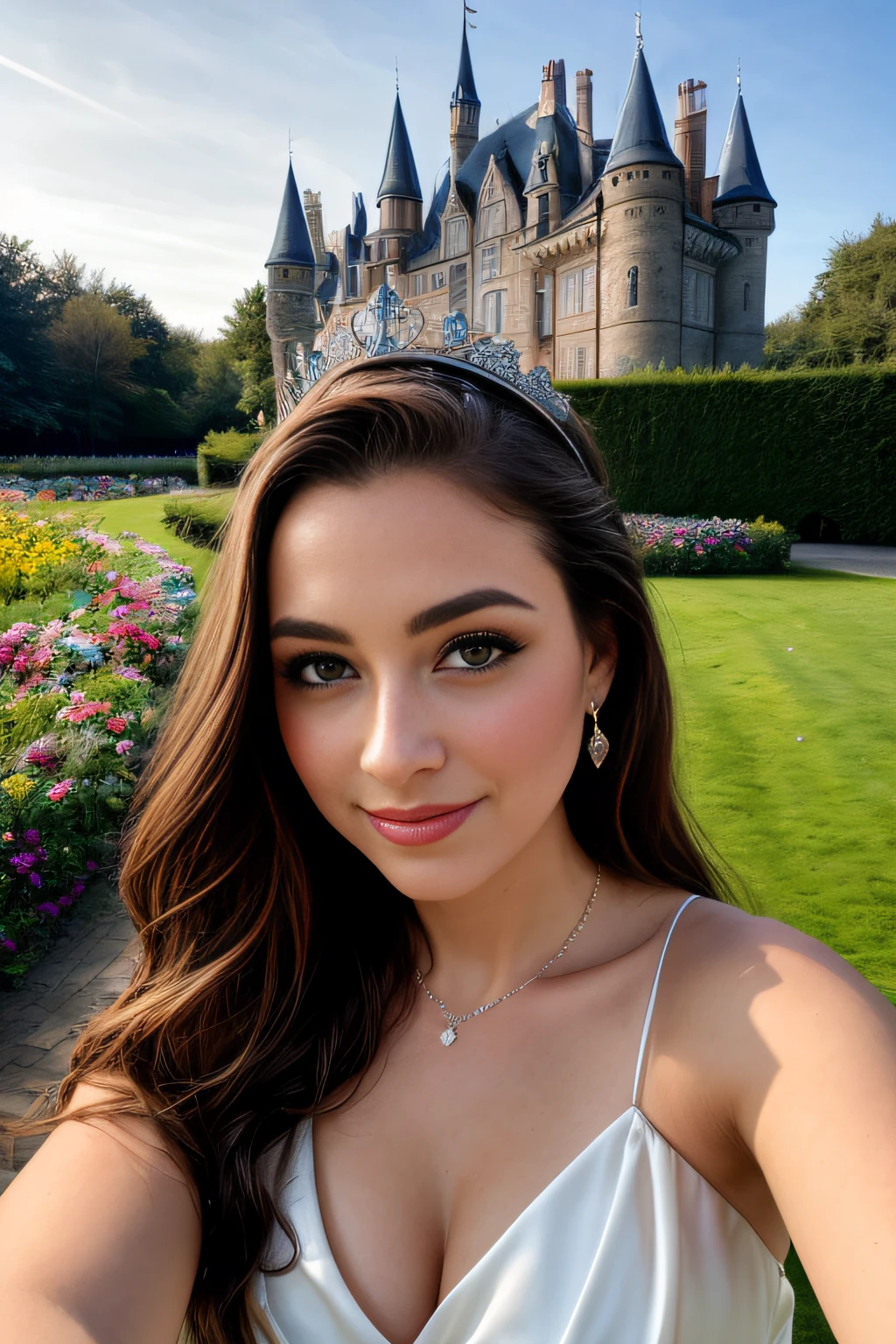 1 beautiful queen woman, long hair ((upper body selfie, happy)) tiara, full breasts, silky skin, masterpiece, best quality, ultra-detailed, solo, outdoor taking selfie next to a white brick castle (well detailed, intricate details), with horses in the background (background accentuated depth of field), with grassy floor, flowers, butterflies, fireflies (night), (stars, moon) cheerful, happy, royal dress, contrast, clear sky, style, (warm hue, warm tone): 1.2), close-up, cinematic light, side lighting, ultra high resolution, best shadow, RAW, upper body.