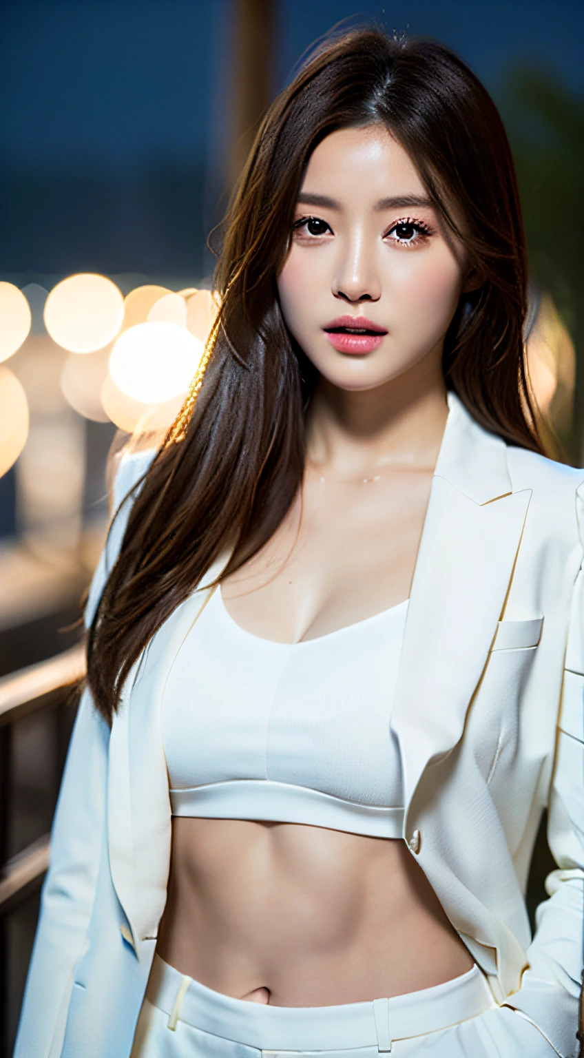 ((Realistic lighting, Best Quality, 8K, Masterpiece: 1.3)), Clear focus: 1.2, 1girl, Perfect Figure: 1.4, Slim Abs: 1.1, ((Dark brown hair)), (White suit: 1.4), (Outdoor 1.1), City Night View, Super Fine Face, Fine Eyes, Double Eyelids