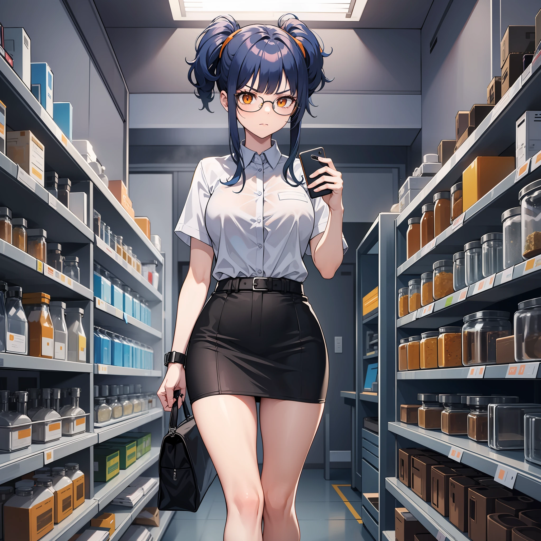 Thirty year old woman, Serious Expression, short blue hair With white lines In the middle, in two pigtails, orange eyes, wearing transparent glasses, Tight undershirt and Black miniskirt, holding cellphone, in the laboratory room, full body