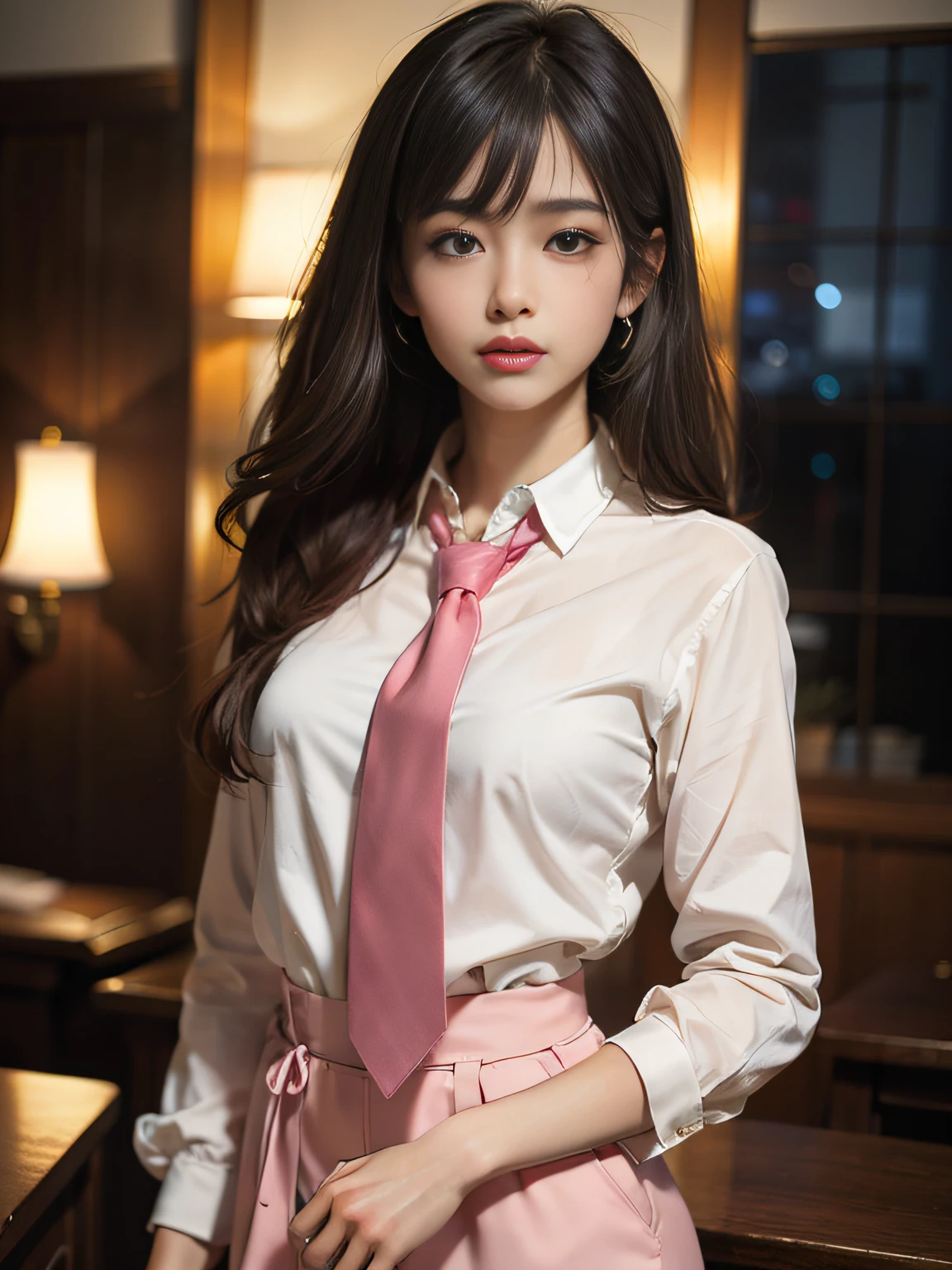 1girl,Best quality,masterpiece,ultra high res,intricate detail,finely detail,depth of field,(photorealistic:1.4),upper body,standing,long hair,parted bangs,straight hair,brownness hair,pink miniskirt,looking at viewer,shirt,necktie,blusher,shiny skin,night,