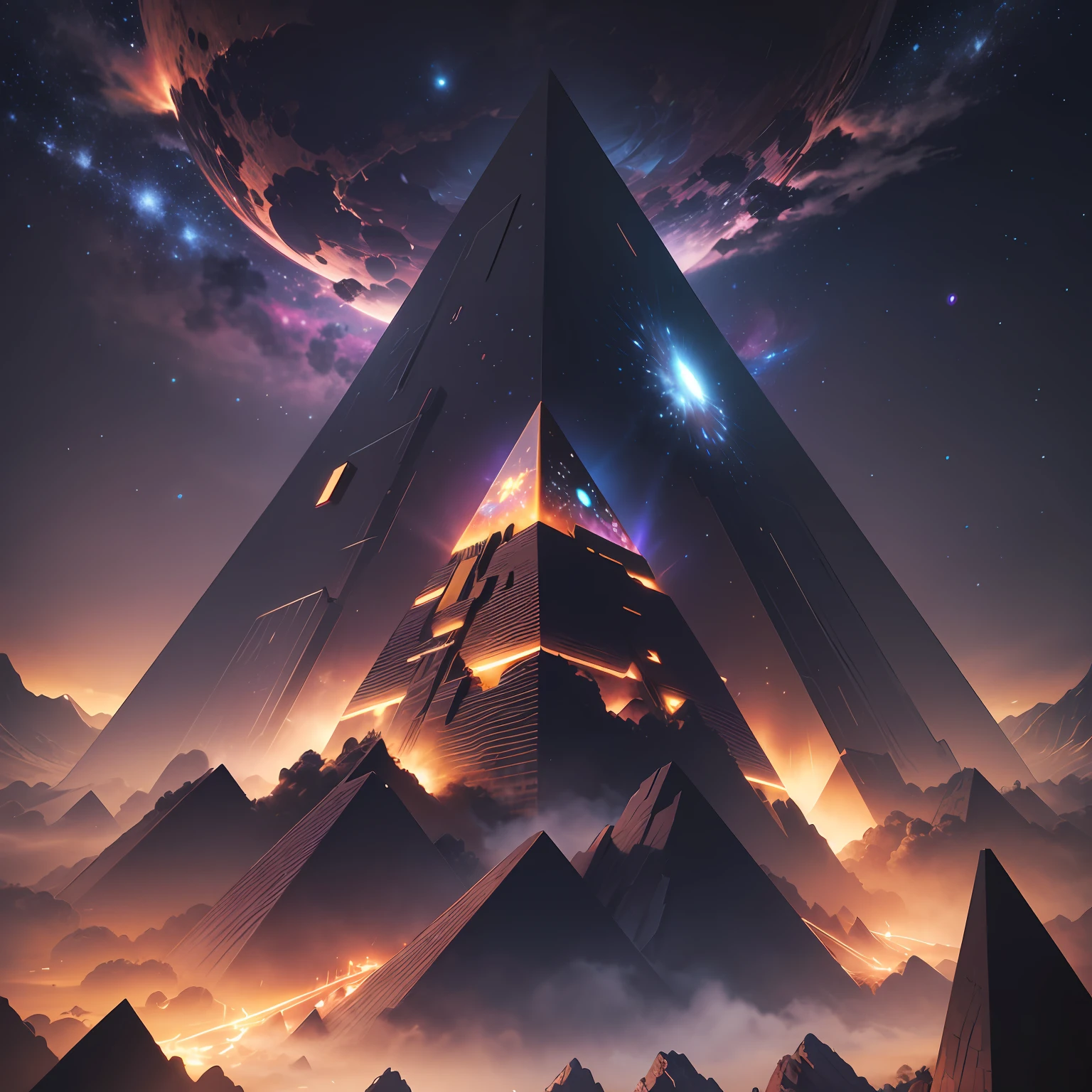 a futuristic galaxy with a pyramid of metal, in the style of piles/stacks, infinity nets, planet in space octane rendering, cinematic lighting, future glitch abstract universe 4k