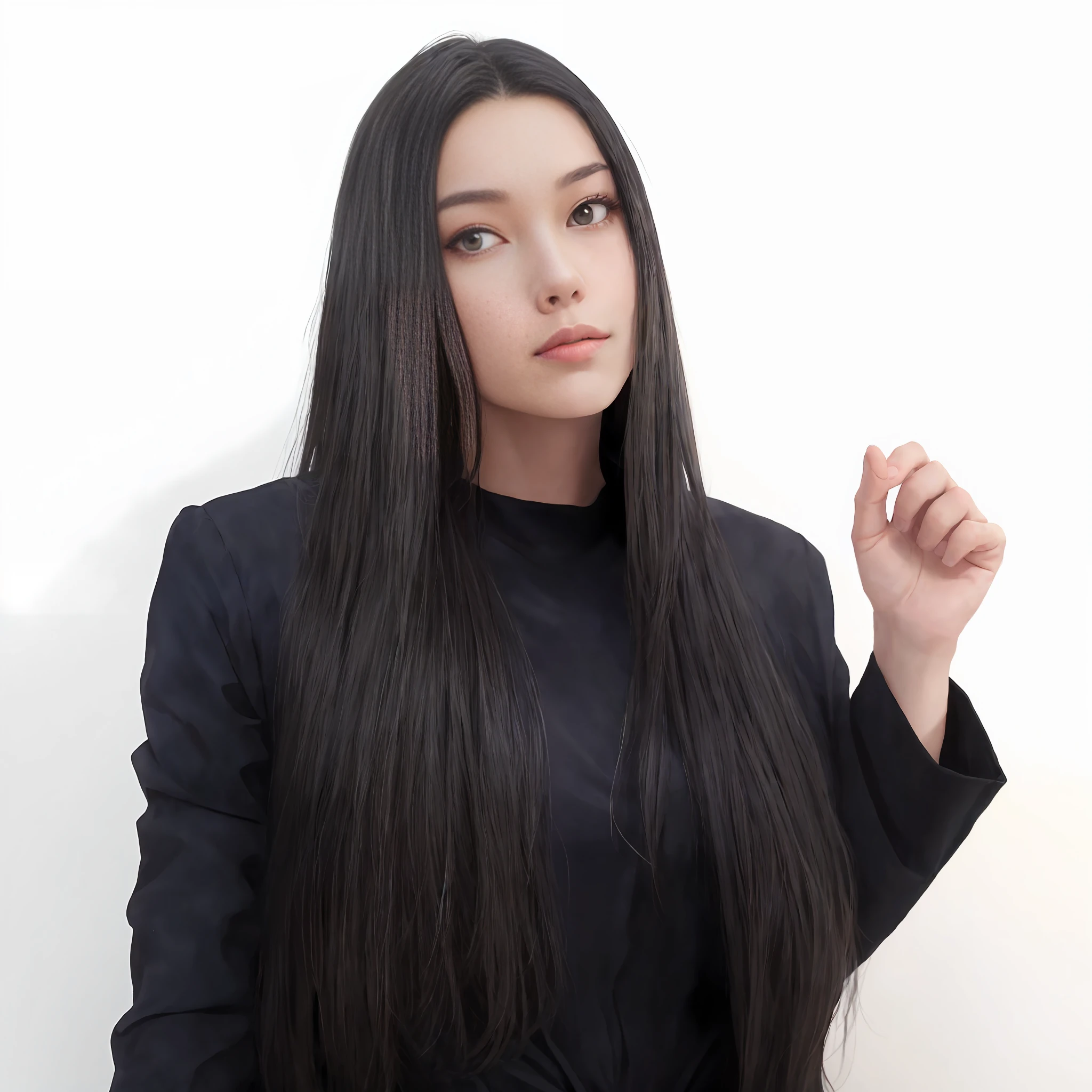 there is a woman with long black hair posing for a picture, female with long black hair, with straight black hair, long black shiny hair, with long black hair, long straight black hair, extra-dark natural black hair, her hair is long and straight, perfect silky straight hair, long black straight hair, young woman with long dark hair, long flowing black hair