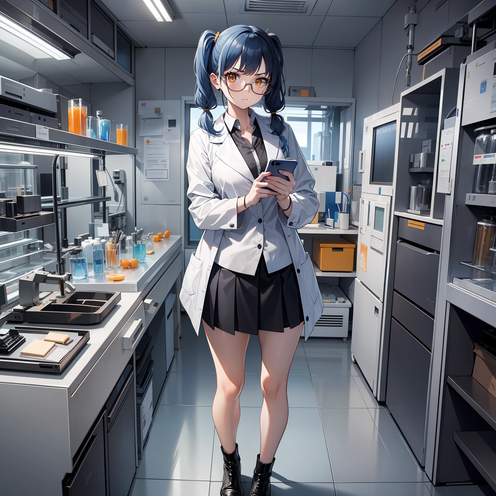 Thirty year old woman, Serious Expression, short blue hair With white lines In the middle, in two pigtails, orange eyes, wearing transparent glasses, Tight undershirt and Black miniskirt, holding cellphone, in the laboratory room, full body