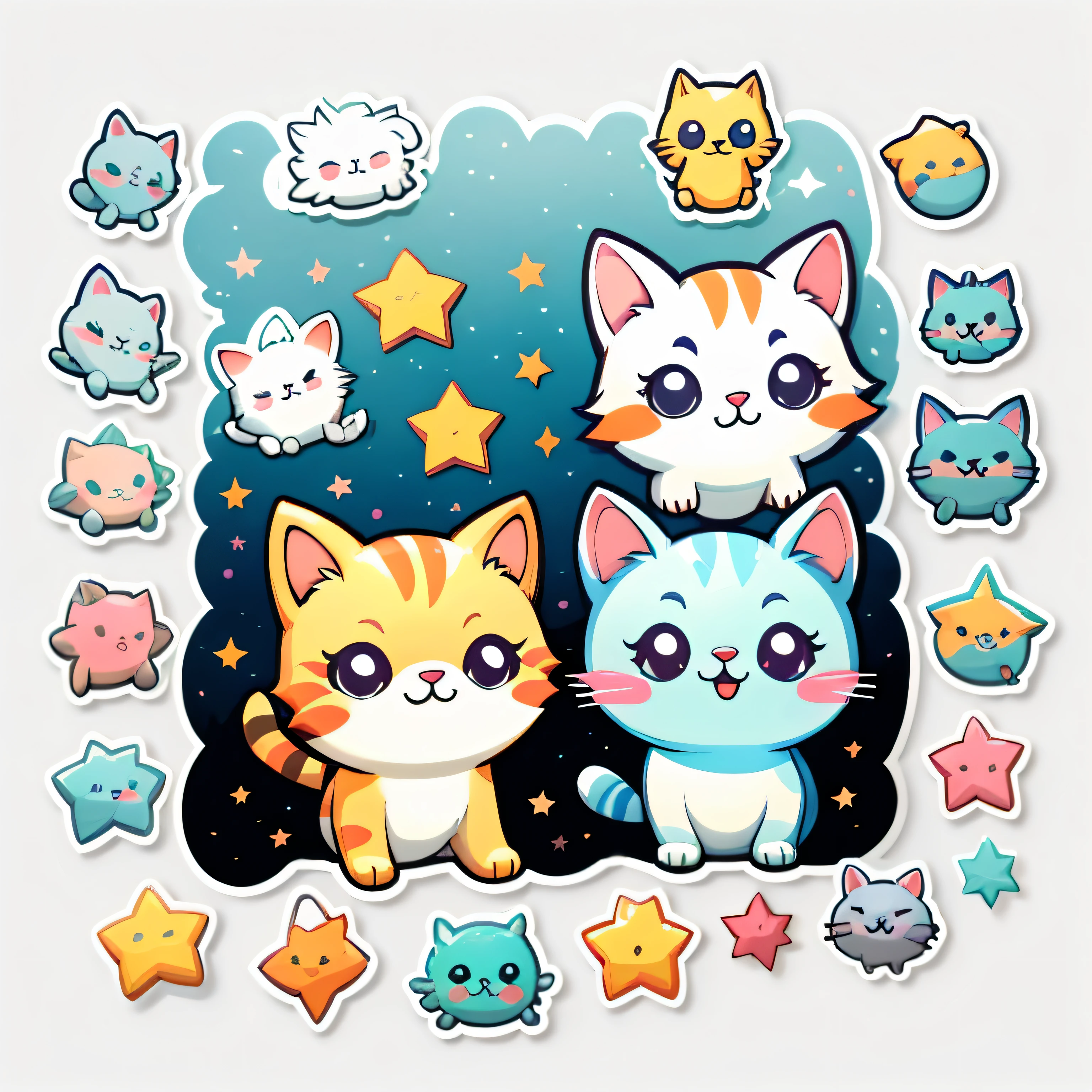 1 sticker, sticker, (cute, cat), stars, white background, no background, simple background, minimal, cute, tiny, pastel color, vector style, no gradient,