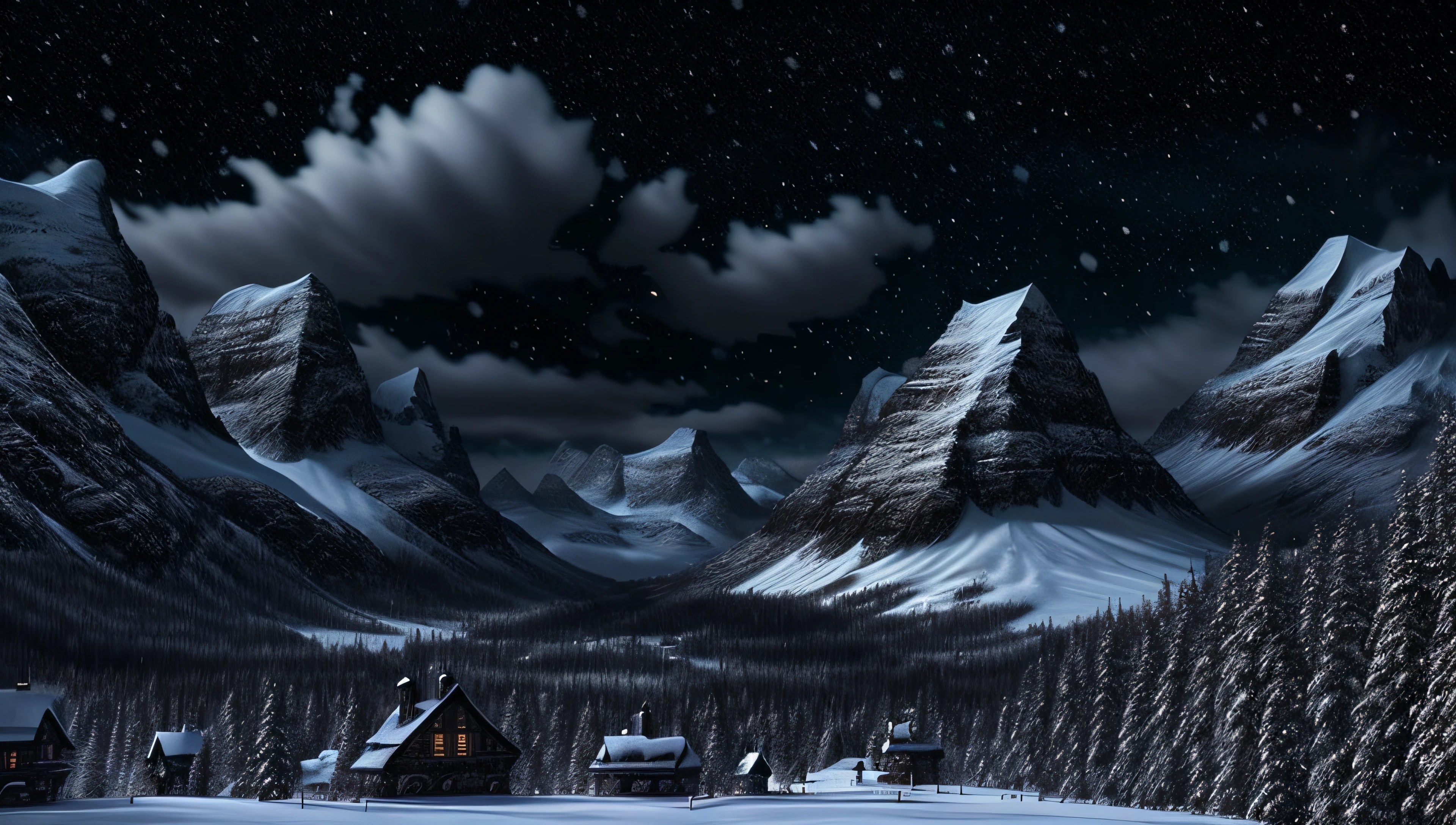snowy fantasy landscape, dark night, black,