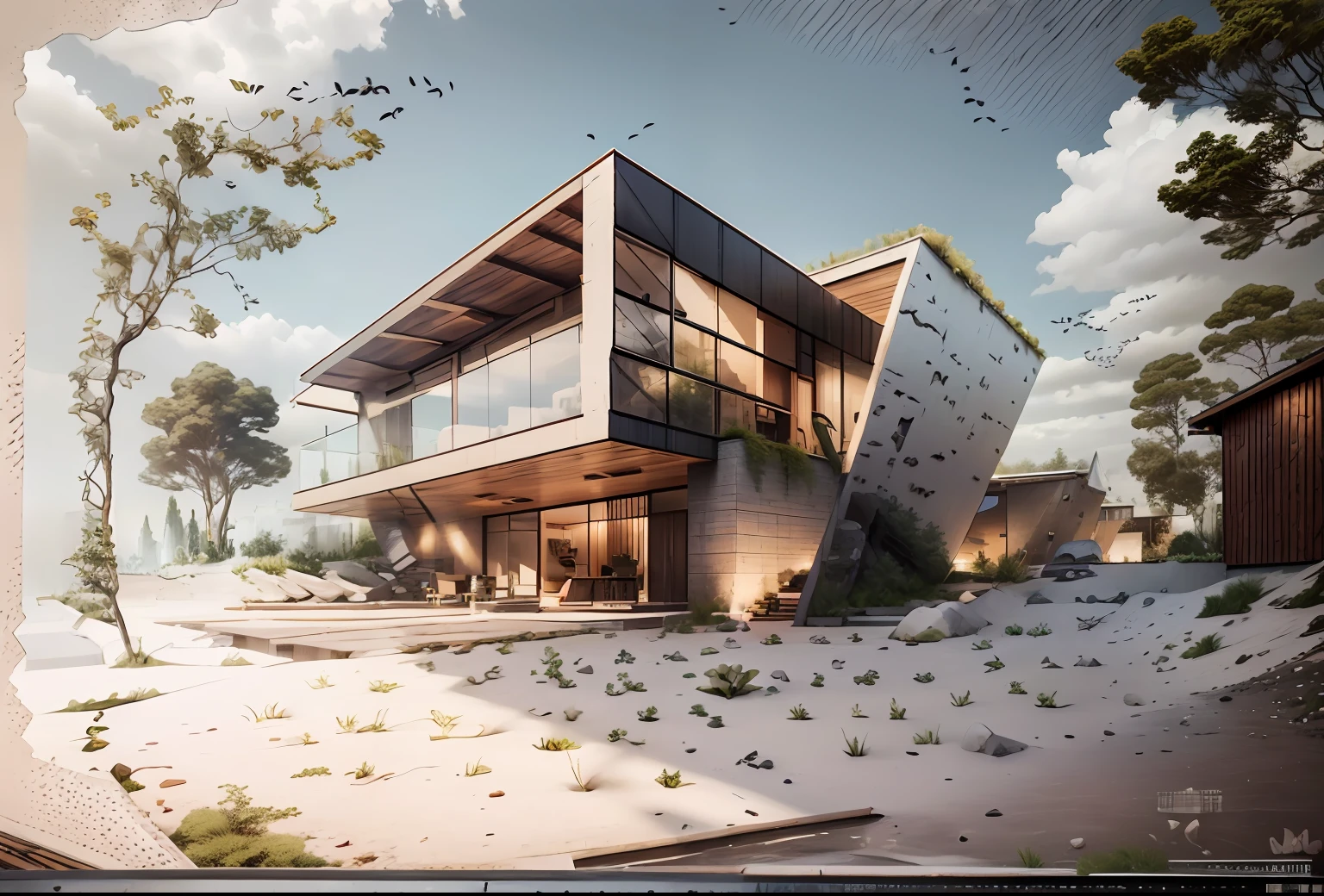 mordenhouse, house, glass house with a sloping roof, modern, dynamic (RAW photo, real, best quality, masterpiece:1.2), (hyper realistic, photo-realistic:1.2), high quality, (dark lighting:1.2), perfect lighting, archdaily