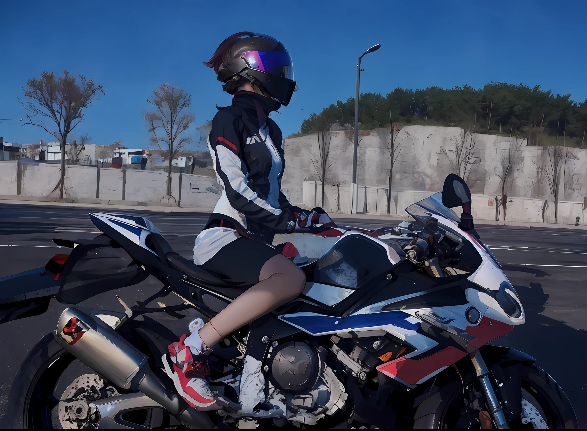 araffe on a motorcycle with a helmet and a helmet on, sitting on cyberpunk motorbike, sitting on a motorcycle, riding a motorcycle, riding, wearing her helmet, 🚿🗝📝, picture of a female biker, sporty, motorbiker, motorcycle, badass pose, akira moto, cool pose, wearing japanese techwear, profile pic, riding a motorbike