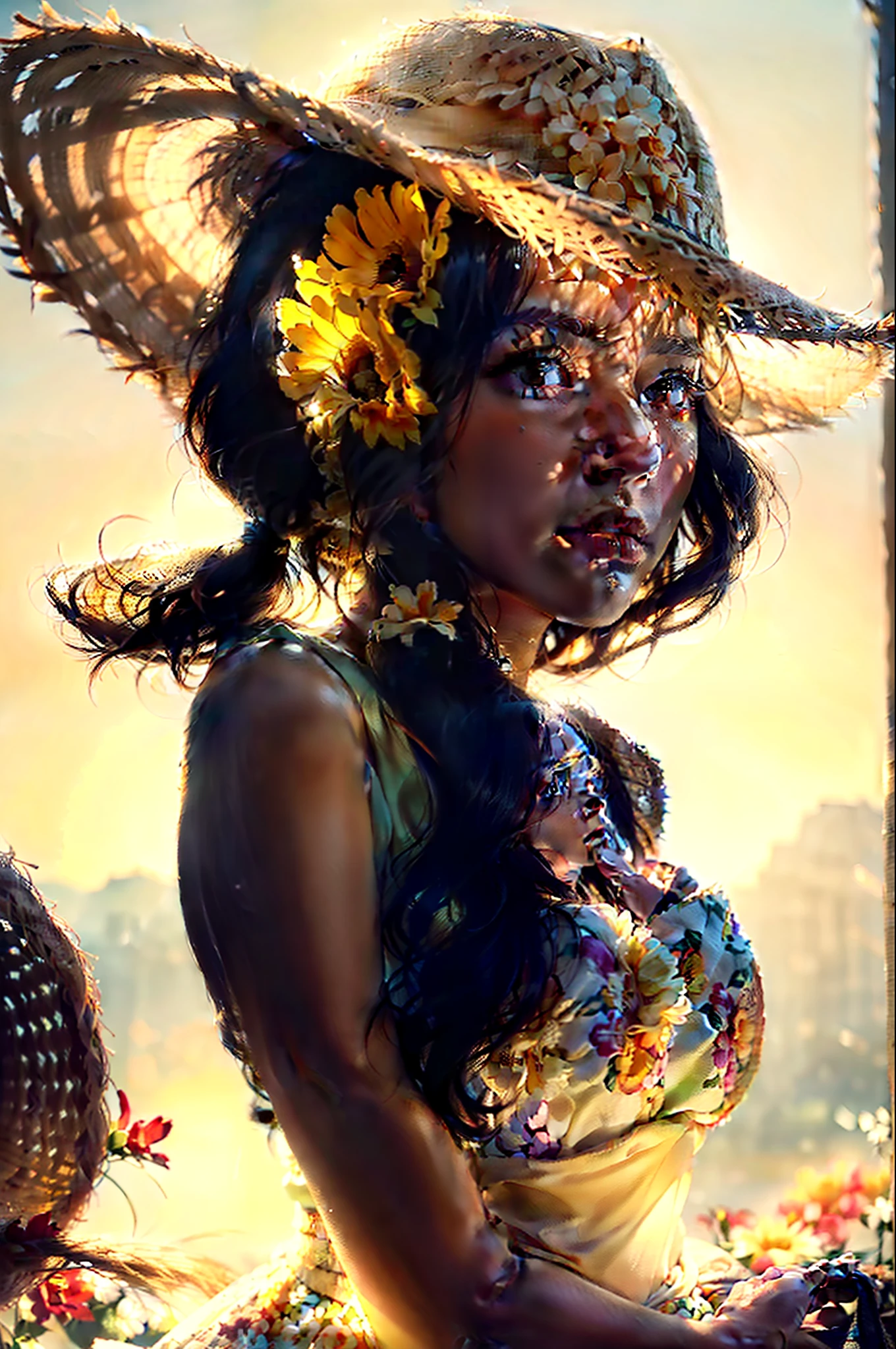 (extreme close up:1.5), (face focus:2),(Style of ???? ???:1.5),
((side face:2)),(1girl surrounded by soft_light:1.5), (backlighting:1.8), (lighting),(flowing fabric:1.3), ((Floral_summer_dress:1.5),(Straw_hat:1.3)),
(masterpiece), realistic, HDR, highly detailed, 8k, raw photo,
ambient occlusion, natural, harmonious composition, warm tones, fine art photography,