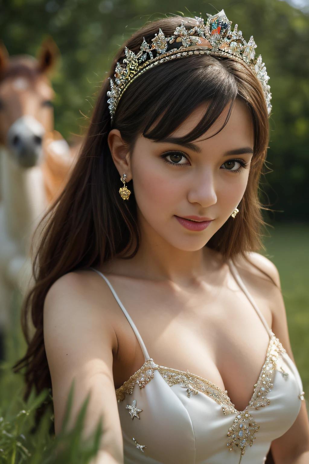 1 beautiful queen woman, long hair ((upper body selfie, happy)) tiara, full breasts, silky skin, masterpiece, best quality, ultra-detailed, solo, outdoor taking selfie next to a white brick castle (well detailed, intricate details), with horses in the background (background accentuated depth of field), with grassy floor, flowers, butterflies, fireflies (night),  (stars, moon) cheerful, happy, royal dress, contrast, clear sky, style, (warm hue, warm tone): 1.2), close-up, cinematic light, side lighting, ultra high resolution, best shadow, RAW, upper body.