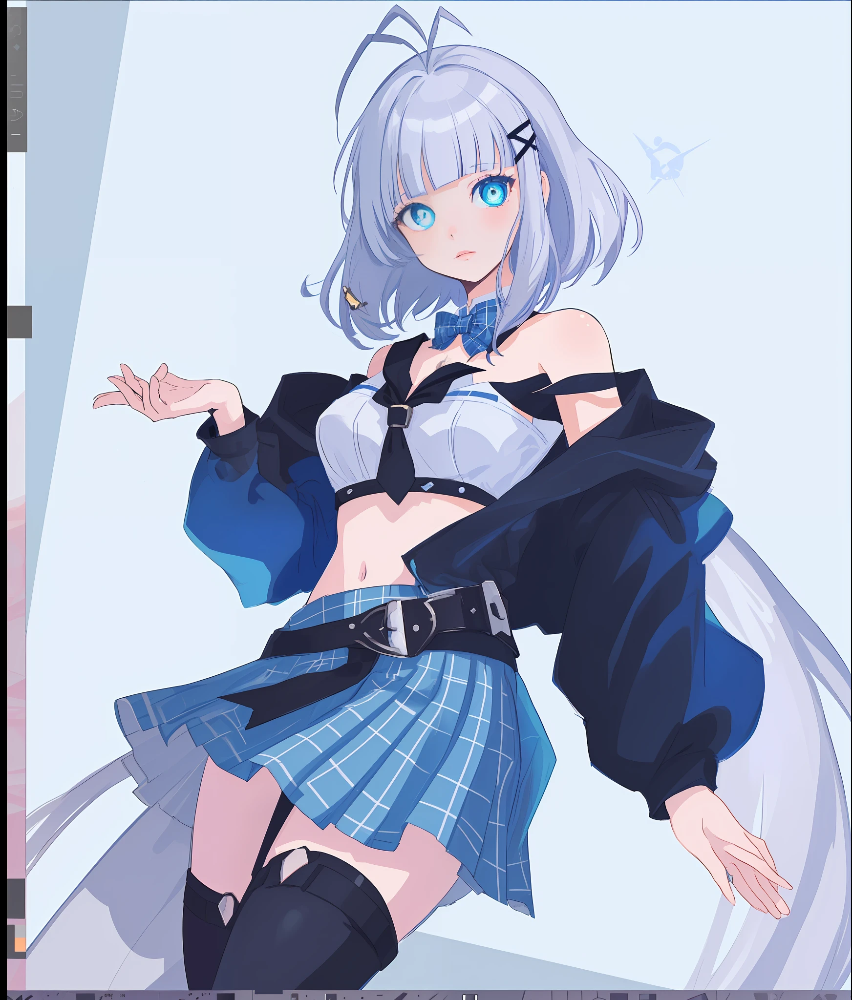 Anime girl wearing blue and white costume, wave head, oblique bangs, short hair, back ponytail, two double ponytails, antenna dull hair, silver-white hair, girl front style, half-off coat, dark blue coat, white wrapped breast, crop top, JK skirt, school uniform skirt, pleated skirt, miniskirt, armring, plaid skirt, blue plaid bow tie, black collar, iron necklace, black belt, high school girl, two-dimensional, bad girl, cool, Japanese, fashion, hip hop, blue eyes, dotted pupils, beautiful eyes, shine, accessories, Hairpin, portrait, game original art, c4d, blender, pretty face, black background, 1 piece of women's clothing ((color laser transparent PVC material), film interference, beautiful eyes, luse, accessories, portrait, game art, beauty, white background, masterpiece, top quality, high quality, high resolution, since girl front, from ark night, fine details. Girl Frontline, Azure Lane Style, Girl Frontier Universe, From Azure Lane Video Game, Cantai Collection Style, Girl Frontier CG, Ayaka Genshin Impact, Azure Lane Characters, Girl Frontline, Anime Moe Art Style,