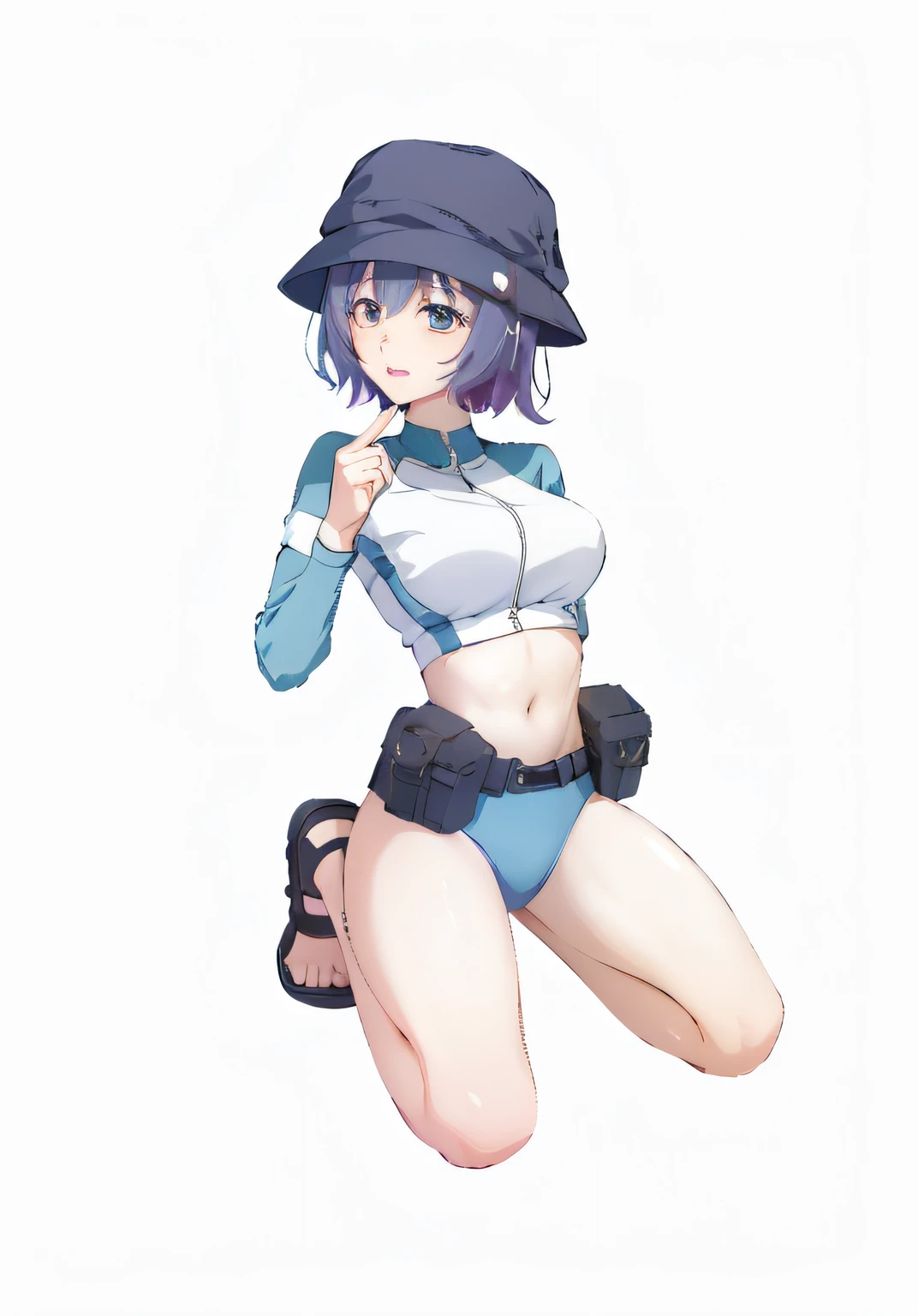 anime girl in a blue and white top and black shorts, kantai collection style, thicc, anime moe artstyle, various pose, seductive anime girl, rei hiroe, casual pose, with index finger, mechanized soldier girl, cushart kenz, female action anime girl, badass pose, beautiful anime girl squatting, small curvy ****, fighter pose