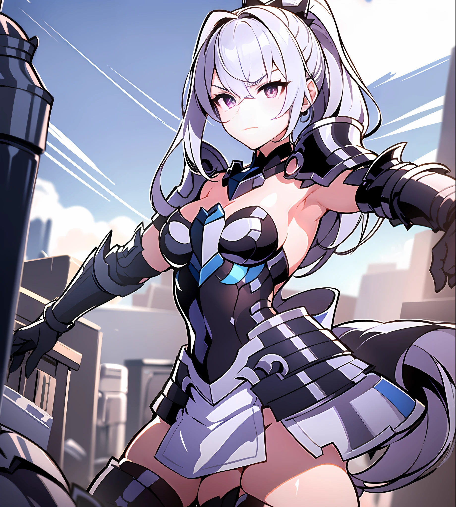 1girl, (solo:1.2), ((masterpiece)), slim, small chest, pale skin, ((detailed eyes)), (bokeh effect), (dynamic angle), dynamic pose, white hair, ponytail, armor plate, (skirts), iron boots, (lance), knight, armpits, gauntlets, fierce look, narrowed eyes