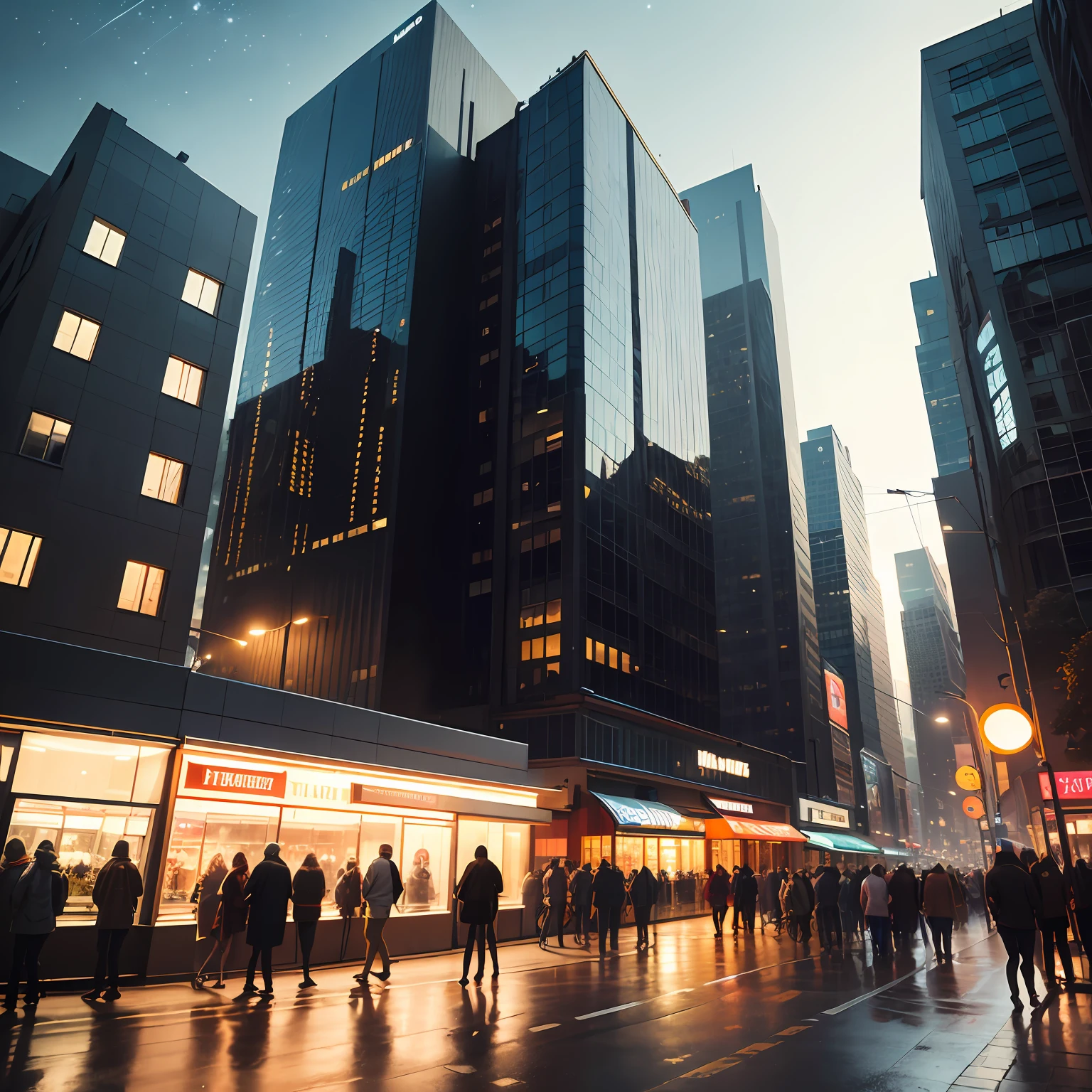 "Visualize a modern and vibrant metropolis filled with towering skyscrapers and bright lights. The streets are full of life, with excited people hurrying along the sidewalks. Wide avenues are lined with moving cars, creating trails of colorful lights as they move through the city. The buildings display contemporary architecture, with glass facades reflecting the sky and the surrounding urban environment. There are cafes and restaurants on the street, with outdoor seating where people enjoy meals and lively conversations. The night sky is dotted with stars and the moon elegantly illuminates the city. Your task is to create an ultra-realistic representation of this urban scene, capturing the details of the architecture, the movement of people and cars, and the dynamic atmosphere of the city --auto