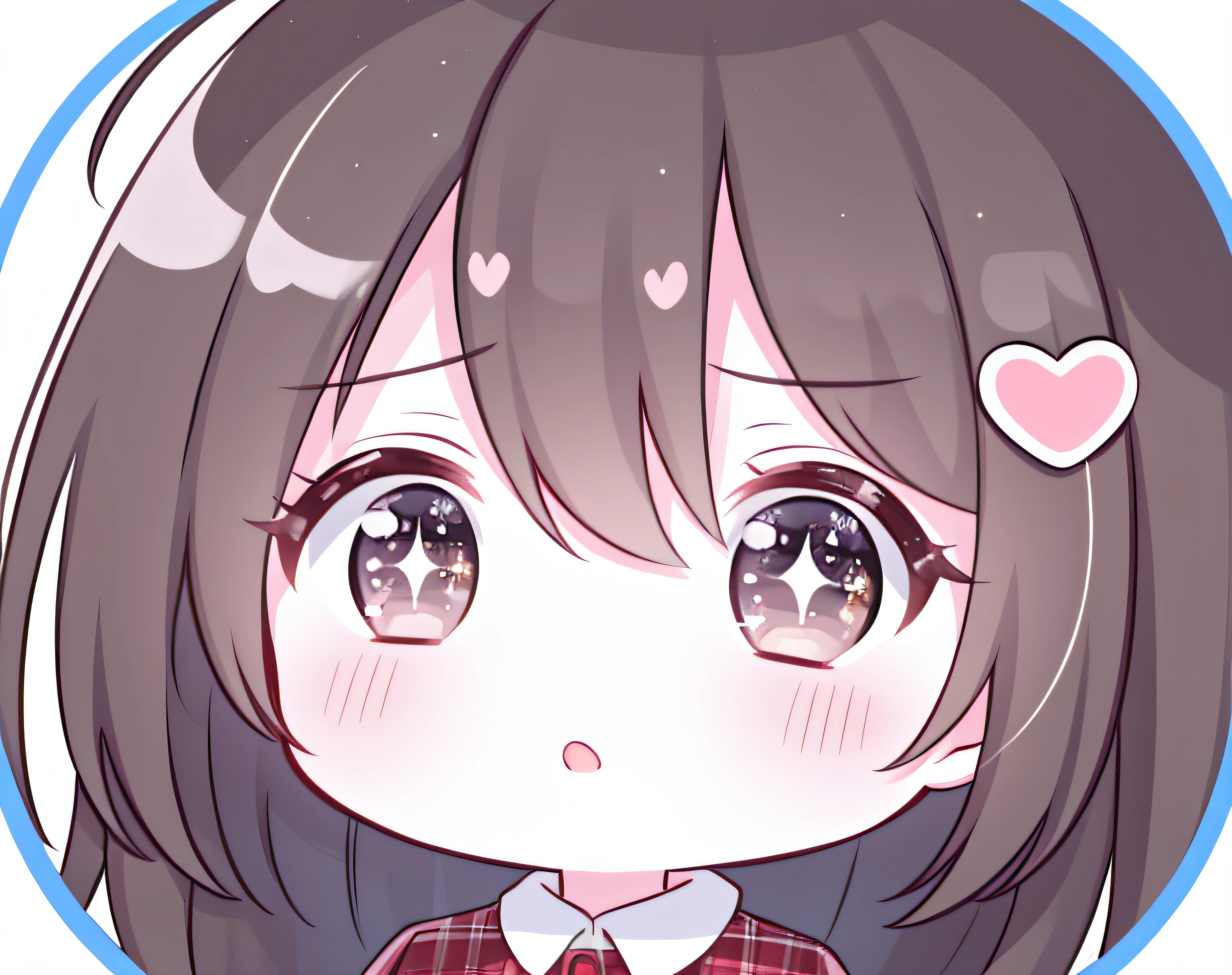 round image, caizi touxiang, 1girl, heart, solo, hair ornament, virtual youtuber, symbol-shaped pupils, ahoge, brown hair, heart-shaped pupils, stuffed toy, long hair, plaid, blush, stuffed animal, bangs, brown eyes, shirt, holding, outline, heart ahoge, white outline, holding stuffed toy, stuffed bunny, plaid shirt, upper body, collared shirt, chibi, parted lips, rabbit hair ornament, looking at viewer, long sleeves, simple background, sparkle, unmoving pattern, hairclip