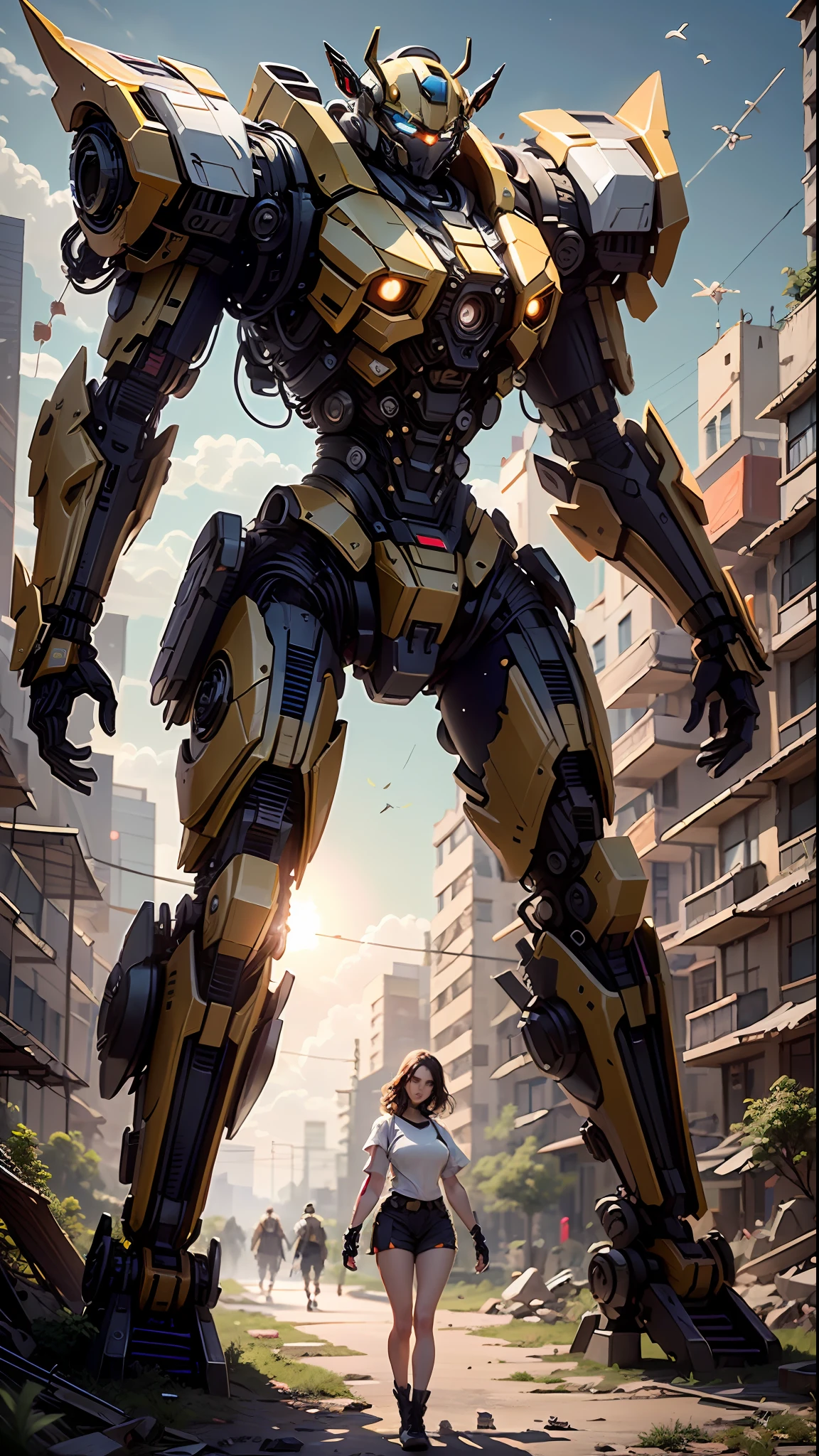 ((Best Quality)), ((Masterpiece)), (Highly Detailed: 1.3), 3D, Shitu-mecha, Cyberpunk Bumblebee with its mecha in the ruins of the city of a lost war, Ancient Technology, HDR (High Dynamic Range), Ray Tracing, NVIDIA RTX, Super-Resolution, Unreal 5, Subsurface Scattering, PBR Texturing, Post-processing, Anisotropic Filtering, Depth of Field, Maximum Clarity and Sharpness, Multilayer Textures, Albedo and Specular Maps, Surface Shading, Accurate simulation of light-material interaction, perfect proportions, Octane Render, two-tone lighting, low ISO, white balance, rule of thirds, wide aperiature, 8K RAW, efficient sub-pixel, sub-pixel convolution, luminescent particles, light scattering, Tyndall effect