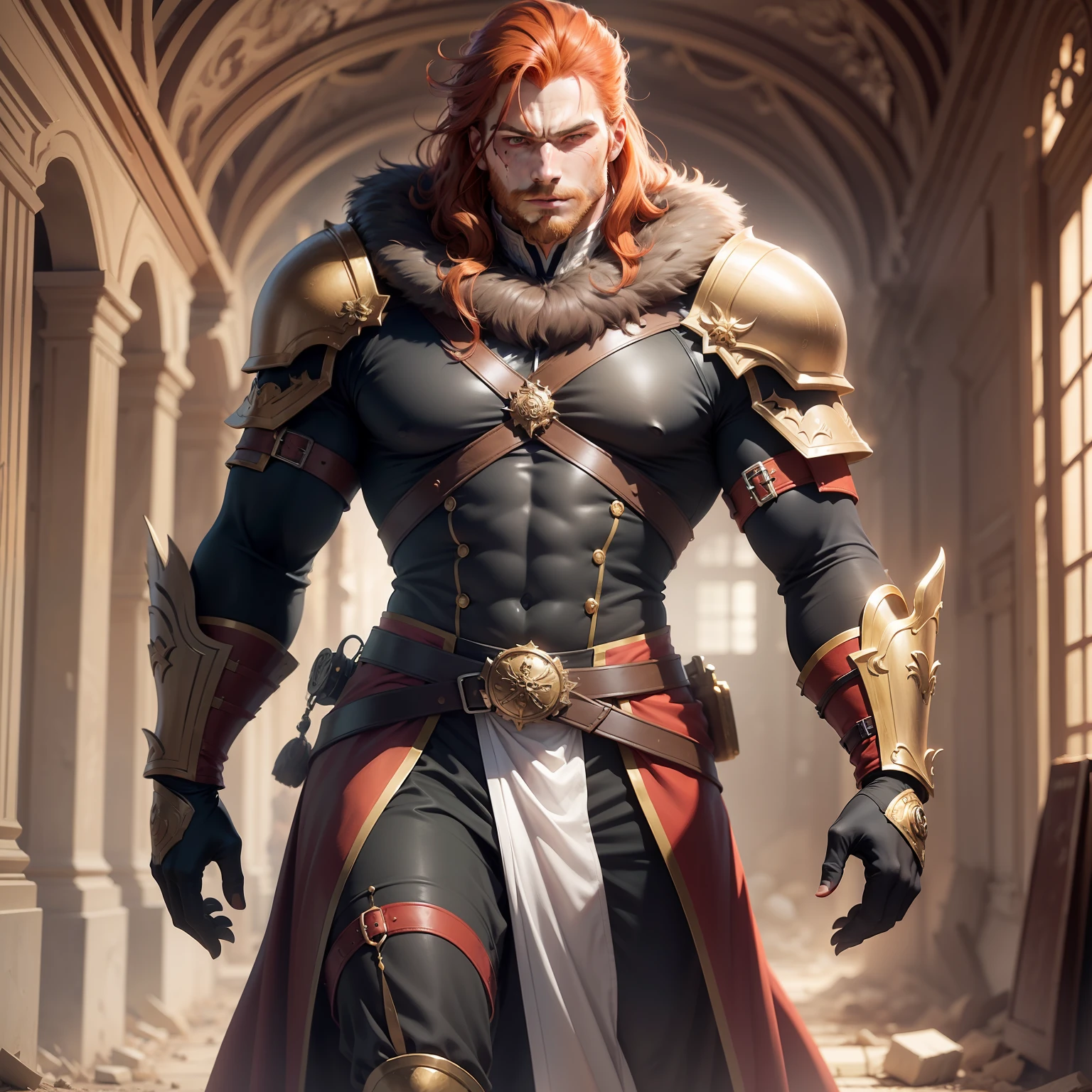 Realistic image of a strong, tall, red-haired man, dressed in black cleric's costumes with shoulder pads, anime character style art, fighter's posture, burn marks on his fur, confident expression, hallway of a palace with rubble on the floor