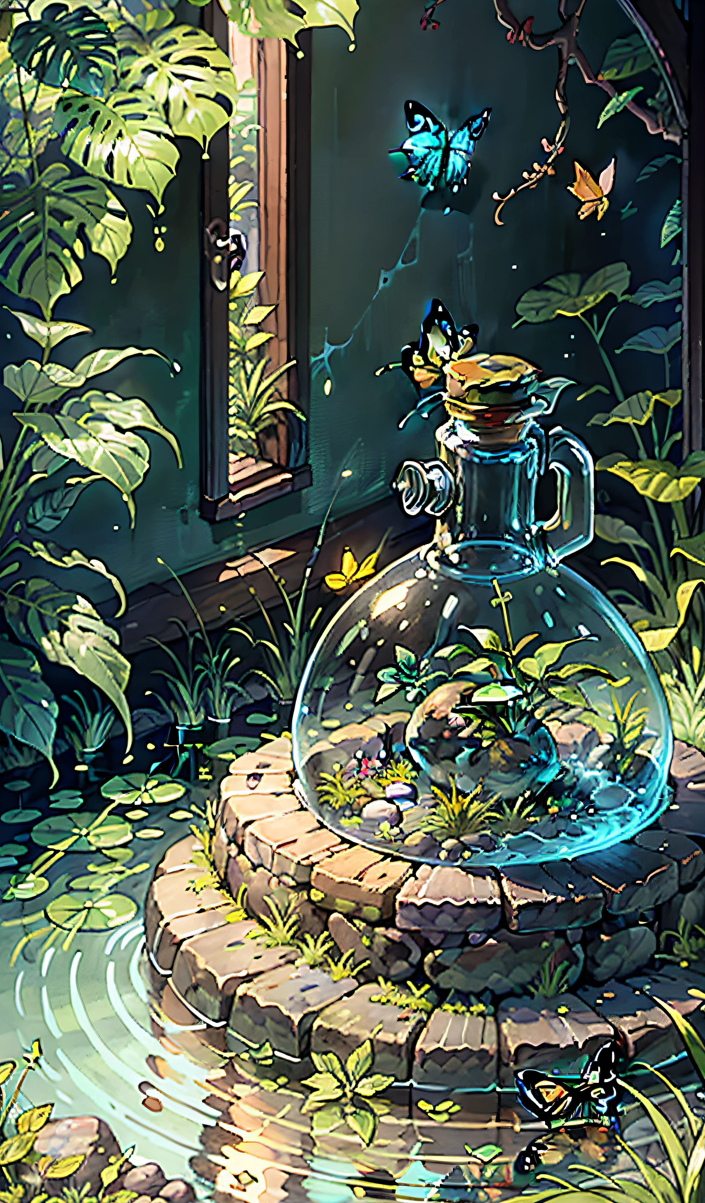 (masterpiece, best quality:1.2), (ultra detailed),(illustration), wallpaper, original, Round-bottom flask, grass, vine, water, butterfly, nature, shining, surrounded by light, Terrarium, RPG style, cartoony, fantasy, mobile game,(shining)