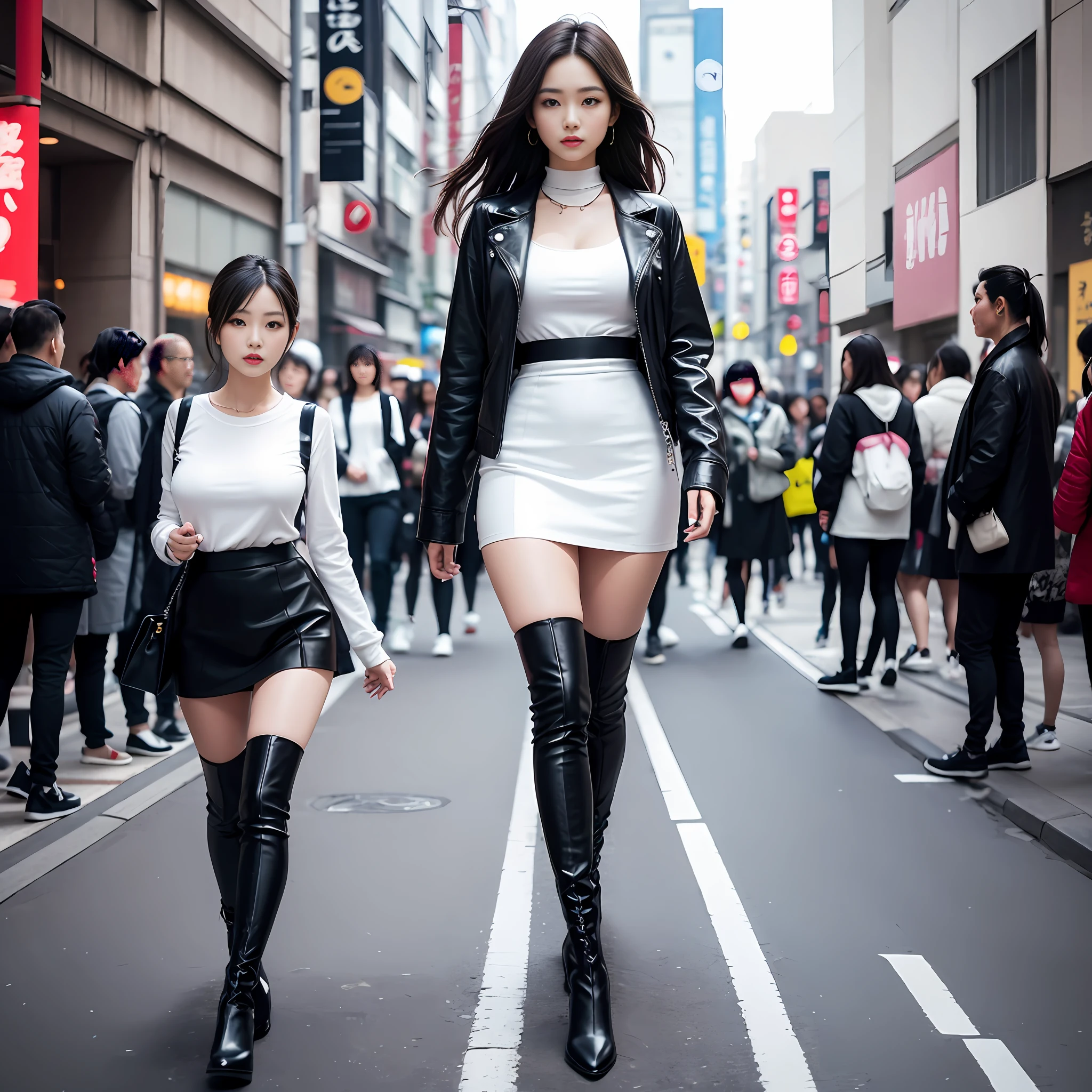 A woman in a white top and black boots standing on the street, Chinese female fashion model, white fluffy clothes, short skirt and long jacket, Japanese city street fashion, black pink Rosan Park, she wears streetwear, Japanese street fashion, Tokyo fashion, street dress woman in jacket and skirt, street fashion, Harajuku street fashion, beautiful woman walking in the wind, black gloves, over-the-knee red boots, tall, long legs, perfect body proportions, thin waist, black suspender stockings, tall, Slender body, nine-headed body, big eyes, beautiful and exquisite face, perfect body details, perfect body proportions, perfect visual proportions, fashion shooting, glamorous, feminine, delicate, highlighting female curves, subtext: sexy, confident. Chinese woman --auto --s2