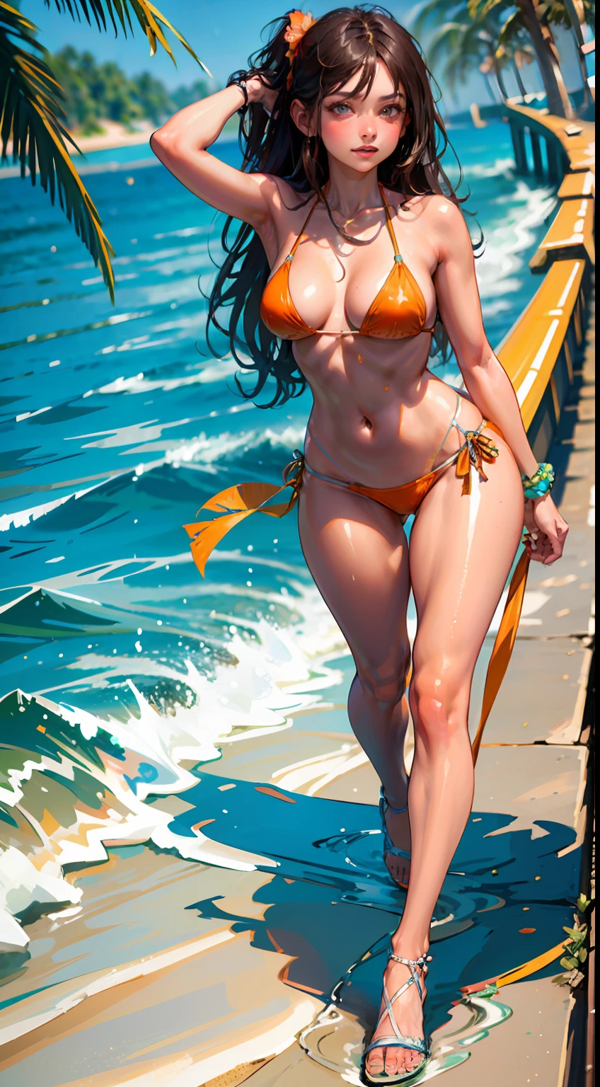 arafed woman in orange bikini and orange stockings posing for a picture, wearing pearl neon bikini, shiny plastic bikini, in bikini, tanned body, tiny bikini, full body shot in bikini, in a bikini, bikini model, cute bikini, tanned, realistic bikini, sling bikini, large breasts size, wearing spandex bikini, wearing a bikini