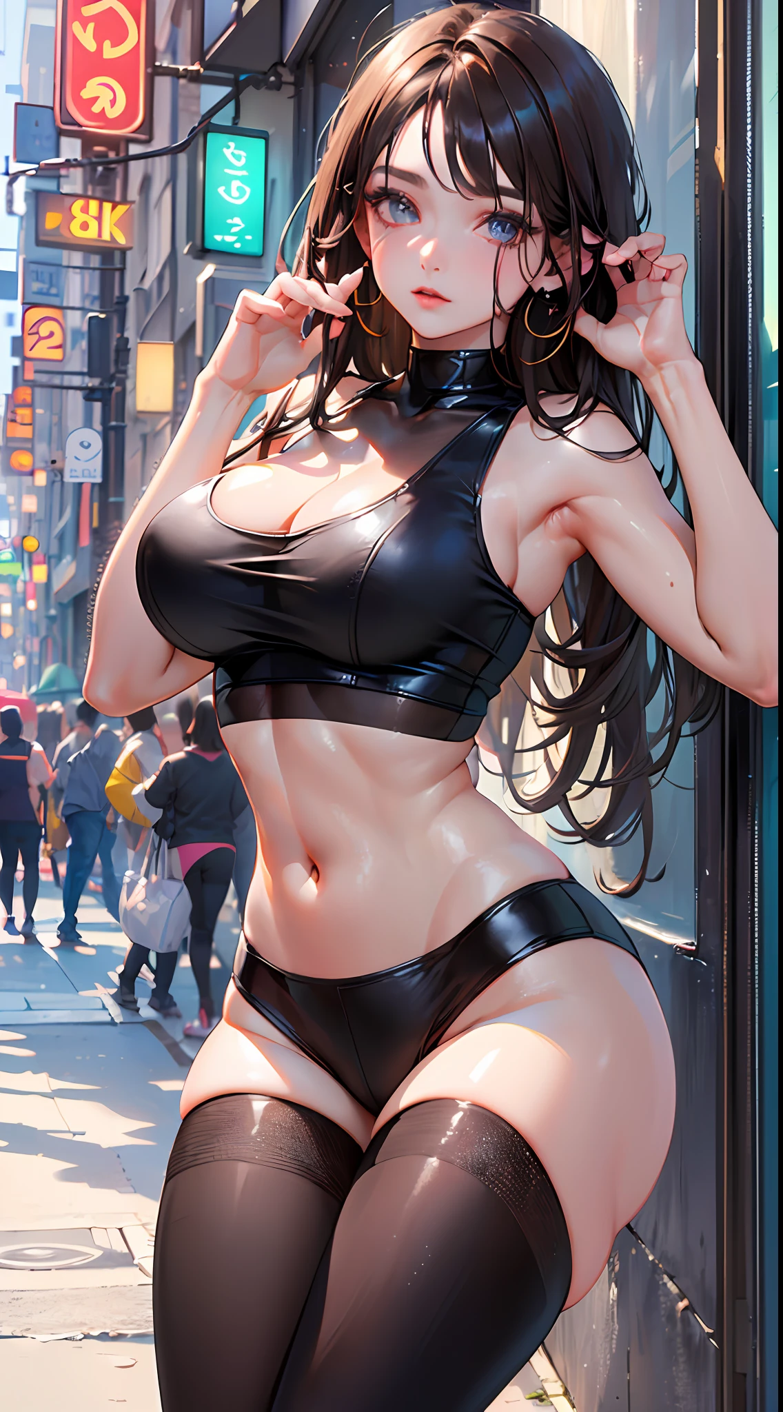 ((Best quality, 8k, Masterpiece :1.3)), Whole body, Sharp focus :1.2, A pretty woman with perfect figure :1.4, Slender abs :1.2, ((Dark brown hair, Big breasts :1.2)), Tank top dress :1.1, (Neon, On street:1.1), Highly detailed face and skin texture, Detailed eyes, Double eyelid
