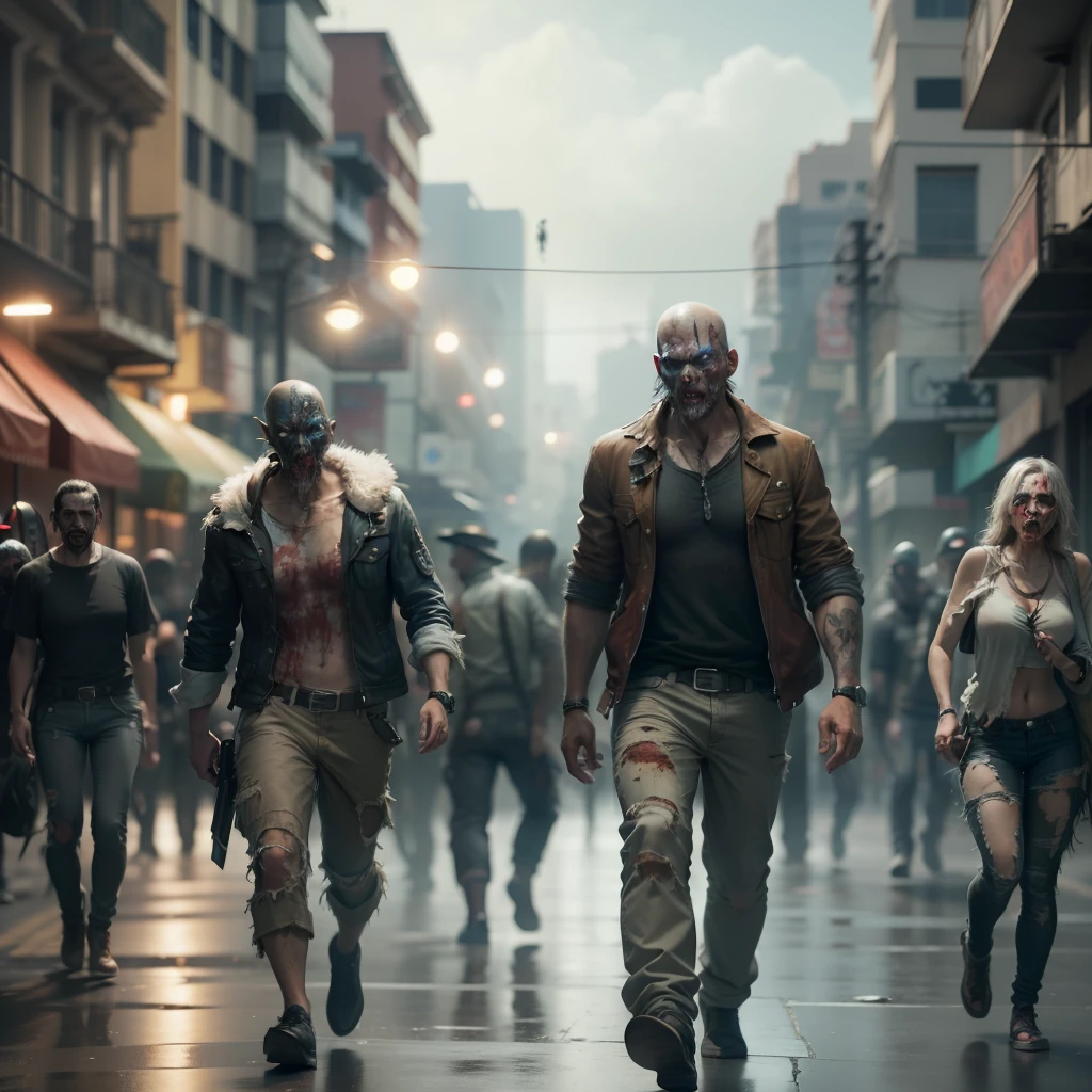 Zombies, a stumbling horde of zombies walking the streets of Rio de Janeiro, torn civilian clothes, white eyes, fine art, PS5 cinematic screenshot, highly detailed detailed cinematic rendering, ultra photorealistic raytricing, with cinematic lighting