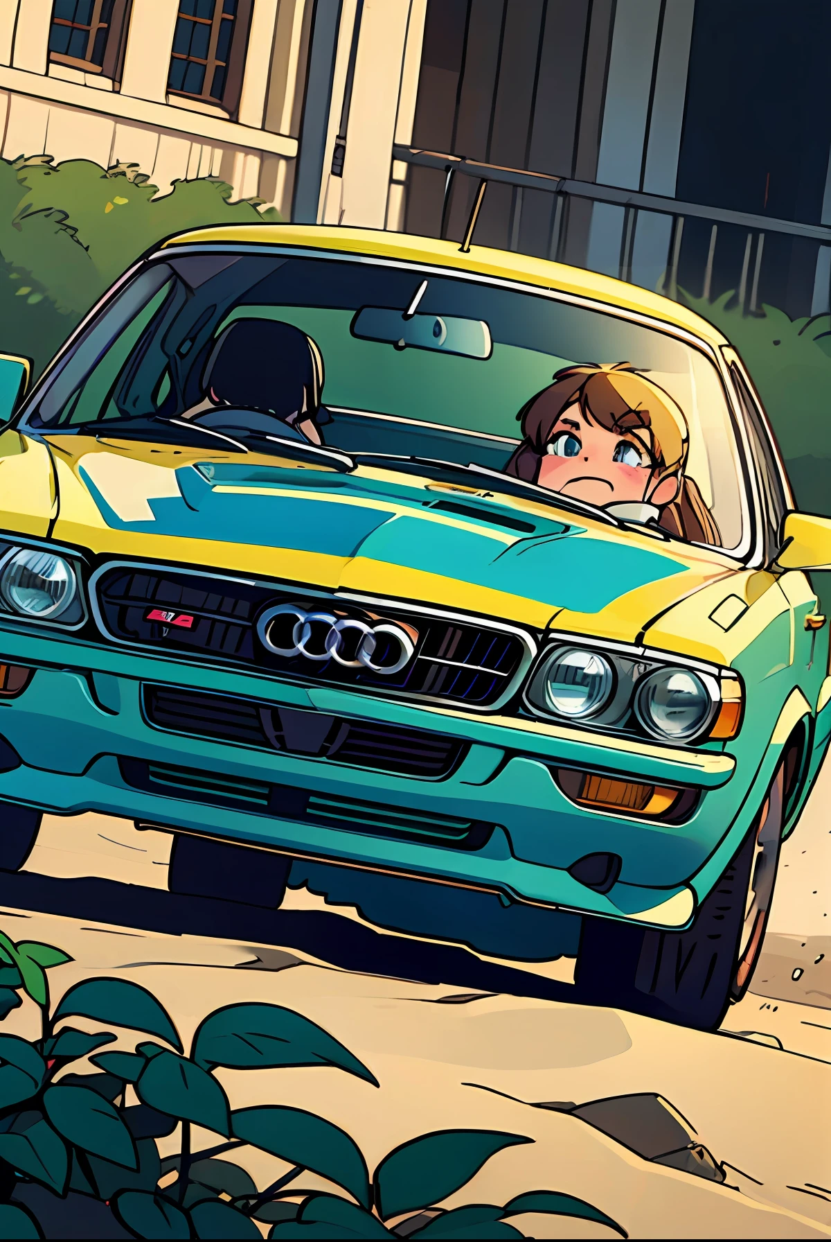 Tomboy girl group B Rally Driver Audi Quattro, leaning against group B audi quattro rally car boxy yellow