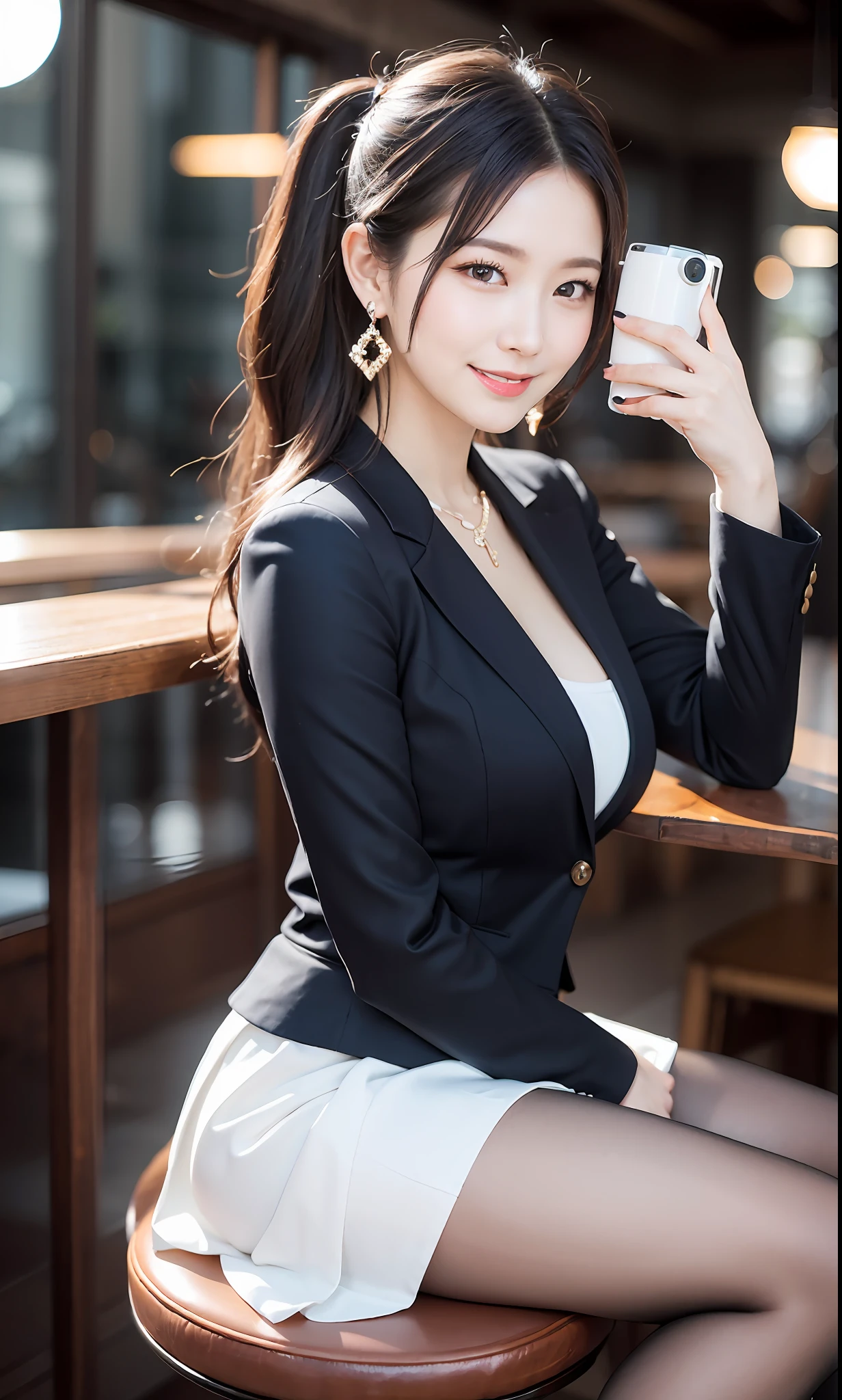 Delicate, Masterpiece, Beautiful Detail, Colorful, Fine Detail, Detail, Detail, Big Breasts, 1 Woman, (20 Year Old Beautiful Korean Woman: 1.1), (KPOP Idol, Korean Mix), (50mm Sigma f/1.4 ZEISS Lens, F1.4, 1/800s, ISO 100, Photo: 1.1), (Ponytail + Black Hair: 1.2) Realistic: 1.4), (Spy: 1.2), (dark blue open jacket, shirt, skirt, tie, black pantyhose, Christian Louboutin \ (brand\): 1.3), earrings, necklace, armlets, (tavern: 1.2), (beautiful legs, tall woman, skinny, slim legs, thigh gap, model: 1.2), lens flare, happy smile from the front: 1.1), Dynamic pose, (make: 1.2), sitting on a bar stool, Nogizaka idol, Korean idol, actress, gravure idol, selfie,