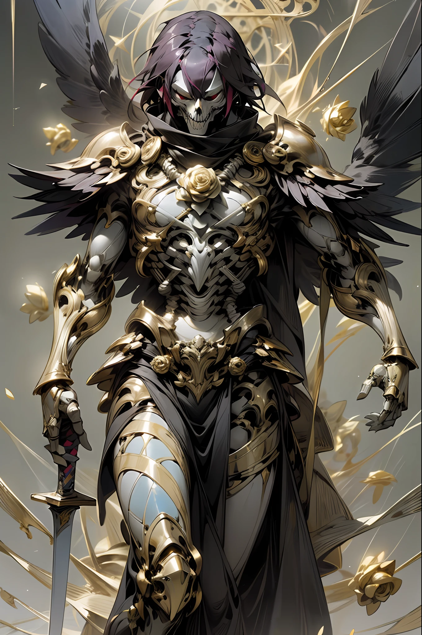 Skeleton Knight, Greatsword, Masterpiece, Best Quality, Epic Realistic, (black_marble), (Blackwing: 1.3), Intricate Details, Intricate Patterns, Golden Dust, Floating (Golden Cloth), Detailed Texture, Broken Glass, Divine Light, (((Raven)), Golden Rose, Gold Leaf, Motion Blur, Depth of Field, Hologram