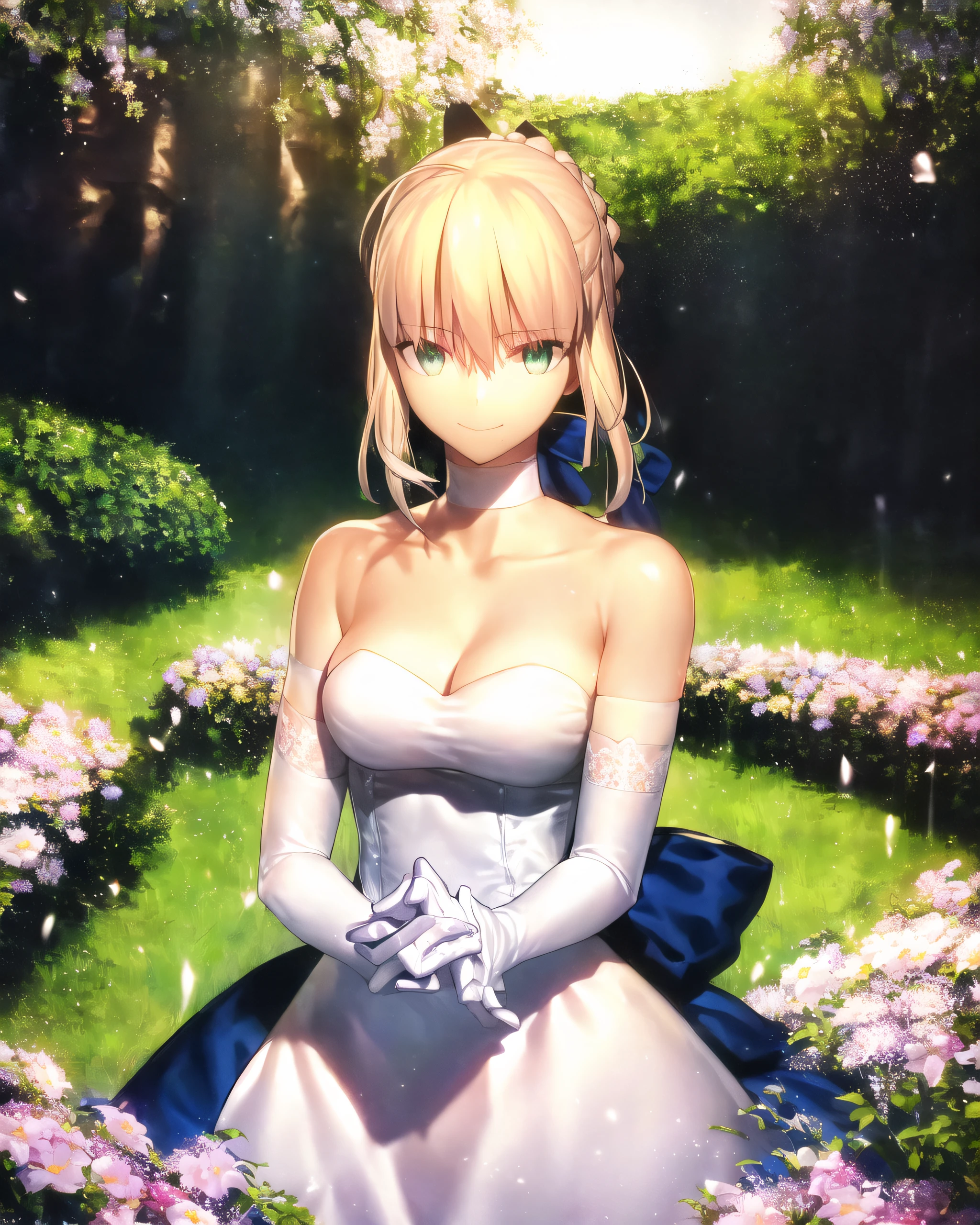 takeuchi takashi, fate \(series\), artoria pendragon \(fate\), saber, 1girl, ahoge, blonde hair, cleavage, collarbone, dress, elbow gloves, gloves, green eyes, hair between eyes, hair ribbon, looking at viewer, medium breasts, ribbon, ribbon choker, short hair, smile, solo, strapless, strapless dress, white dress, outside, garden, stream, flowers, masterpiece, best quality, highly detailed,