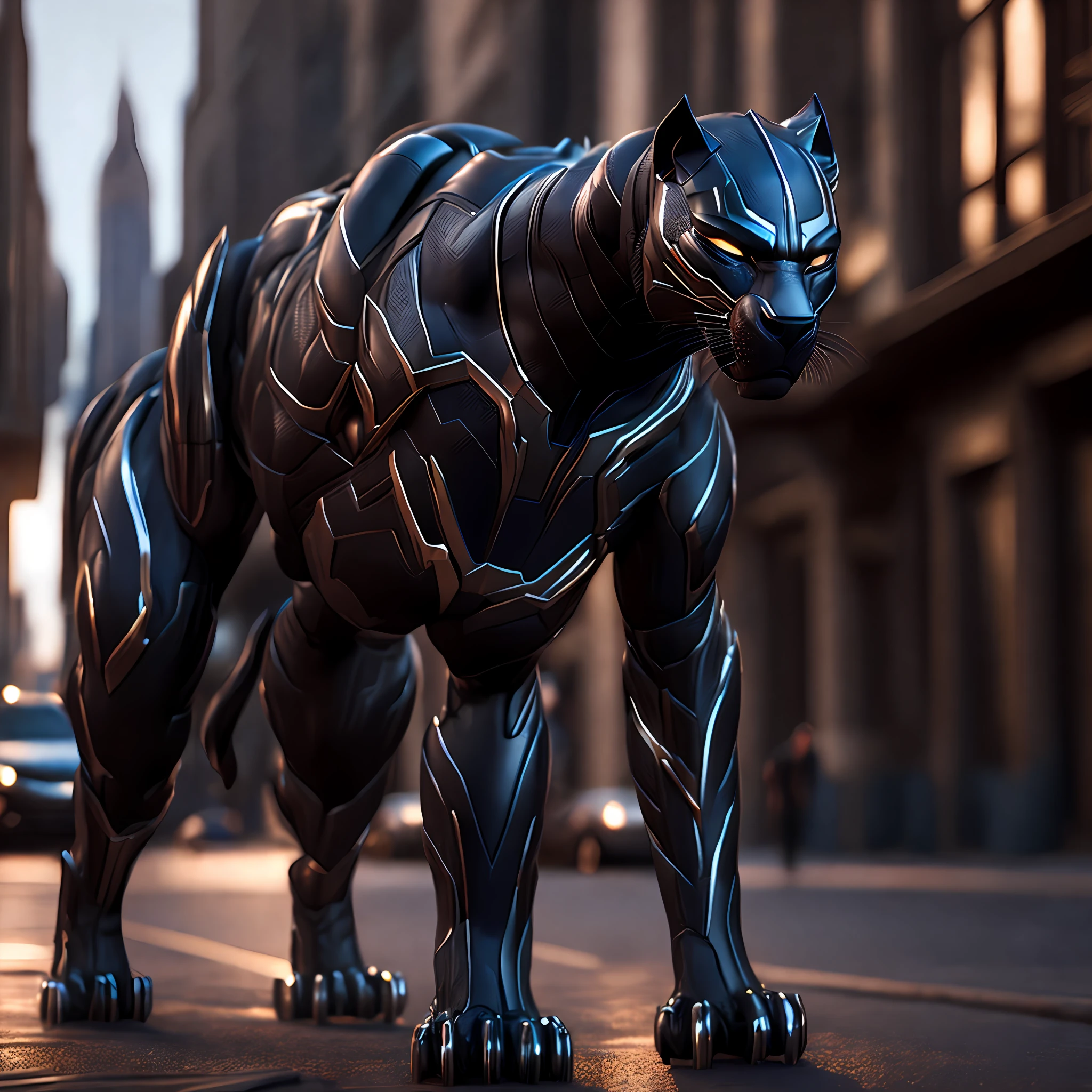 Photo of silver Black Panther from Marvel standing in the city streets, rtx, octane, unreal. high detailed, photorealistic