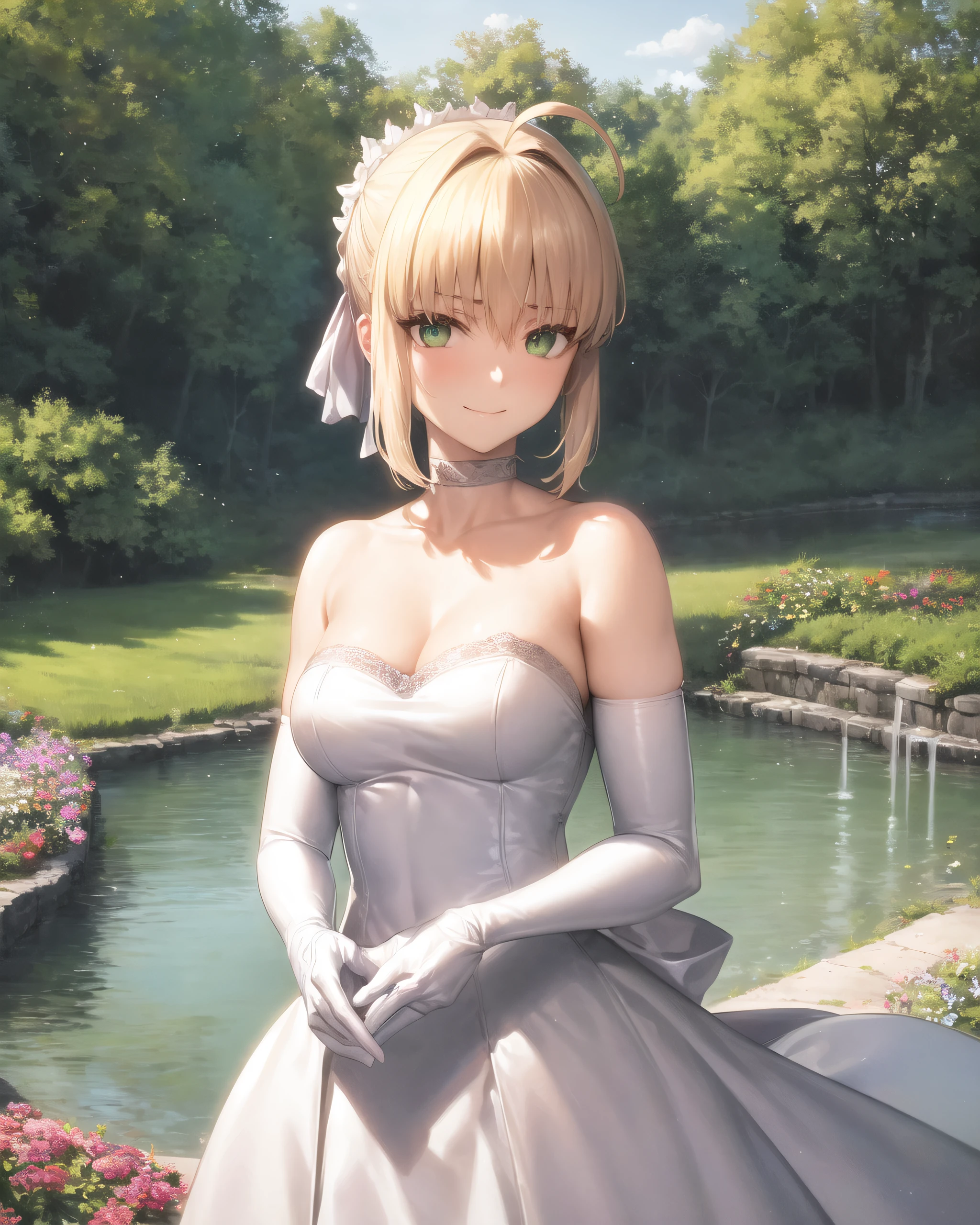 takeuchi takashi, fate \(series\), artoria pendragon \(fate\), saber, 1girl, ahoge, blonde hair, cleavage, collarbone, dress, elbow gloves, gloves, green eyes, hair between eyes, hair ribbon, looking at viewer, medium breasts, ribbon, ribbon choker, short hair, smile, solo, strapless, strapless dress, white dress, outside, garden, stream, flowers, masterpiece, best quality, highly detailed,