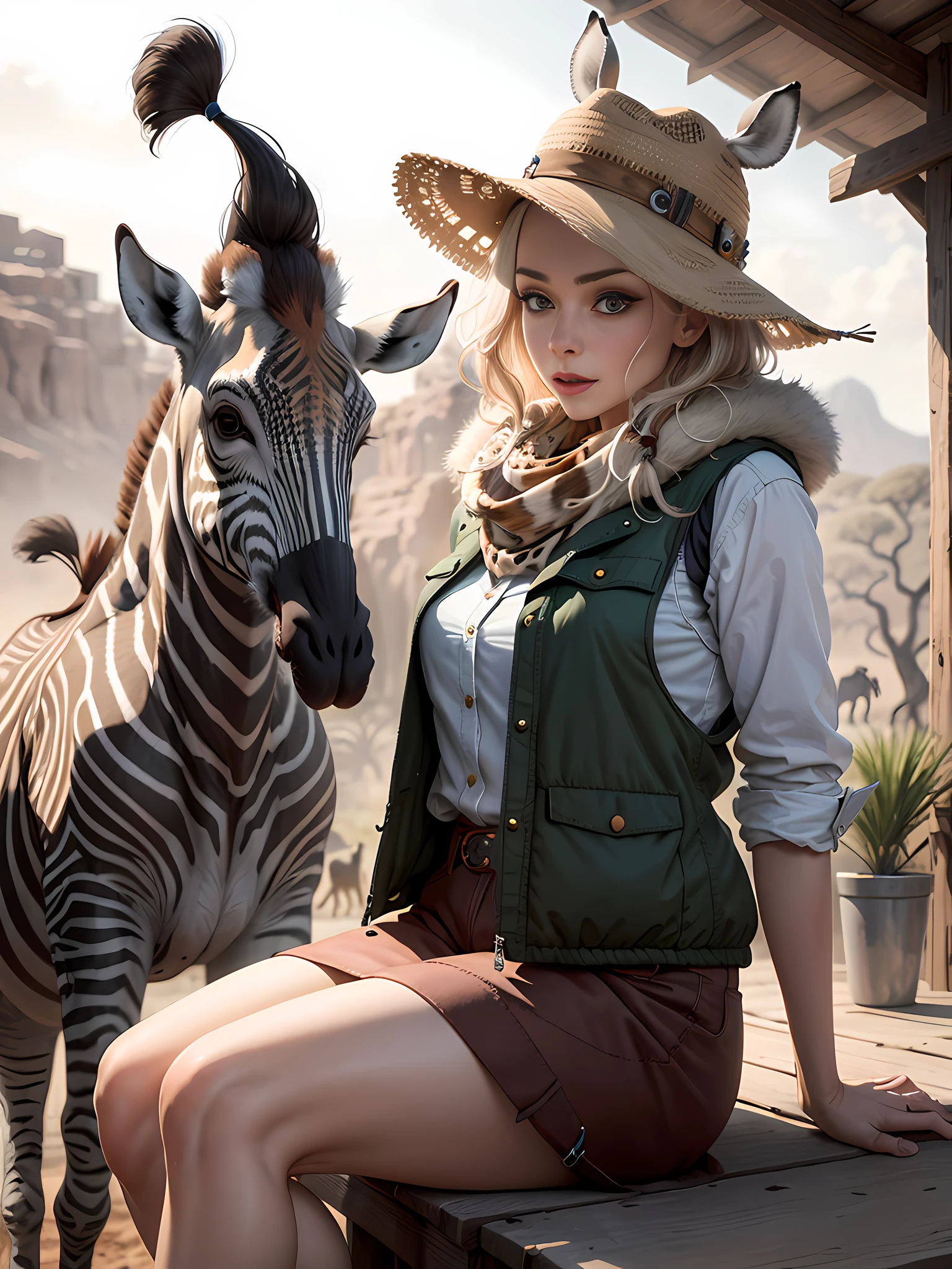 May wears a hunting hat and vest, binoculars around her neck, and an expression of awe on her face. The animals in the scene can be rendered with intricate patterns and textures, from the stripes of a zebra to the spots of a giraffe. Landscapes can be depicted with bold colors and patterns that evoke the heat and intensity of the African sun. The scene can also incorporate a whimsical feel, with a playful elephant or a mischievous monkey in the background.