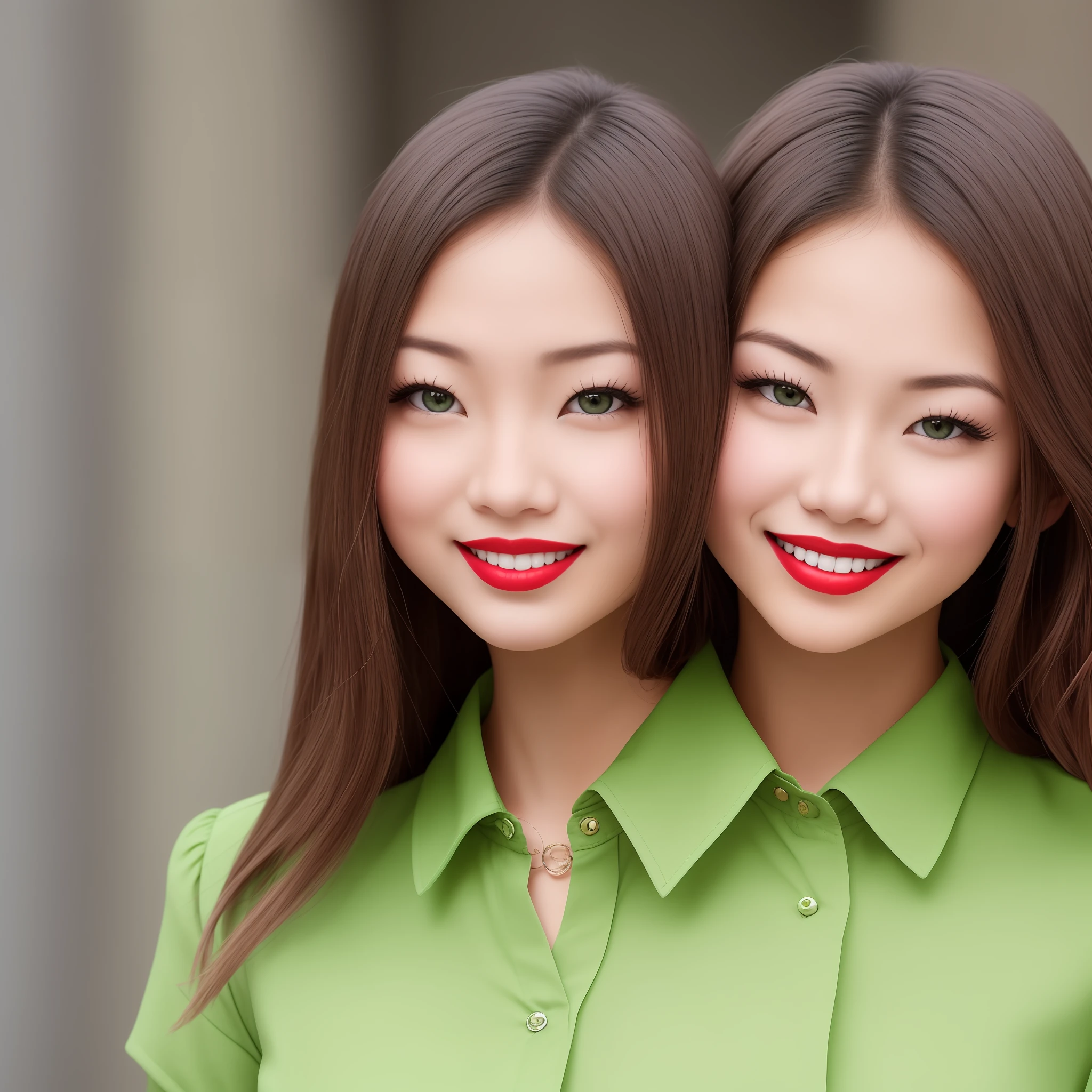 Young woman, blonde, almond-eyed, with a smile, Asian mixed-race, with a green blouse and red lipstick --auto