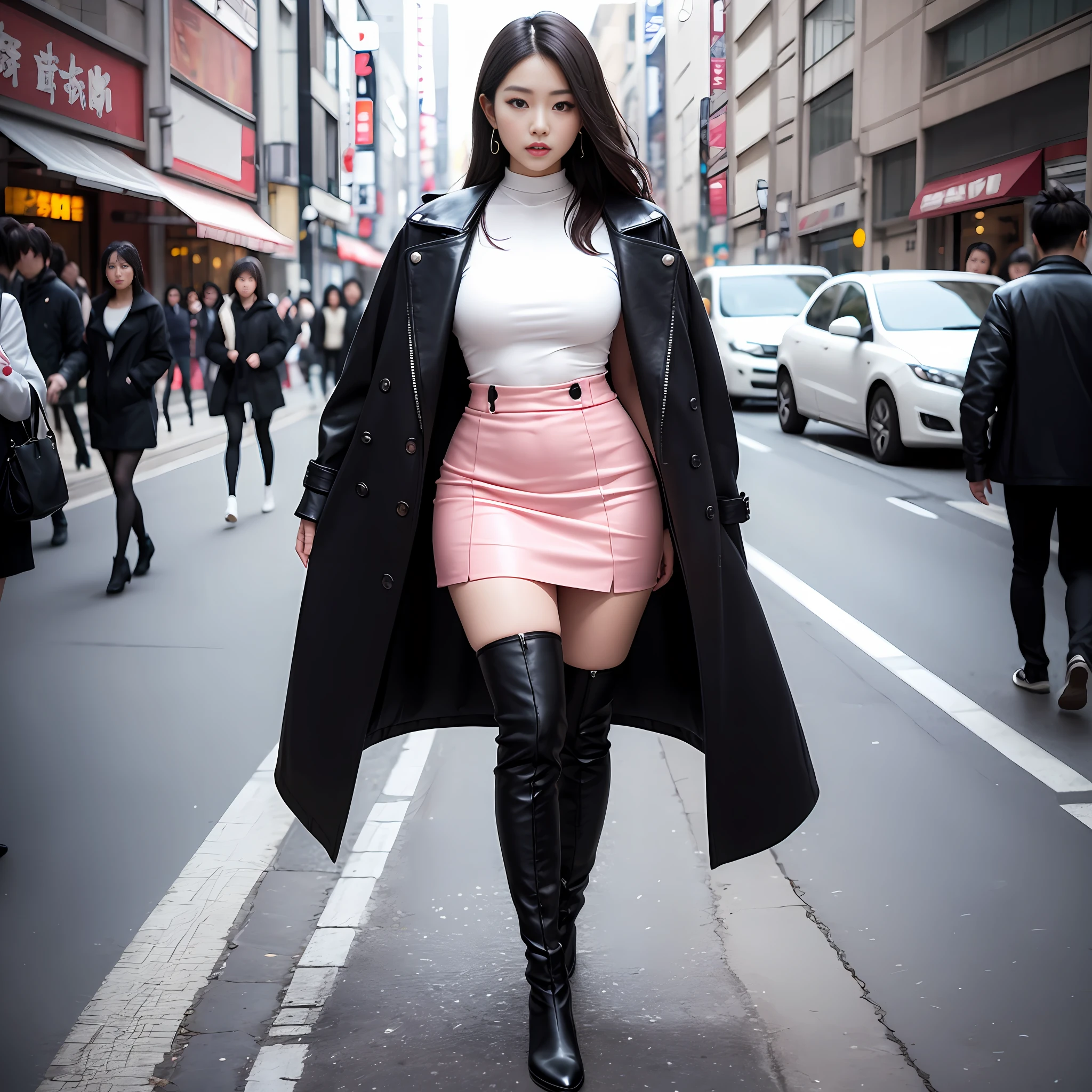 A woman in a white top and black boots standing on the street, Chinese female fashion model, white fluffy clothes, short skirt and long jacket, Japanese city street fashion, black pink Rosan Park, she wears streetwear, Japanese street fashion, Tokyo fashion, street dress woman in jacket and skirt, street fashion, Harajuku street fashion, beautiful woman walking in the wind, black gloves, over-the-knee red boots, tall, long legs, perfect body proportions, thin waist, black suspender stockings, tall, Slender body, nine-headed body, big eyes, beautiful and exquisite face, perfect body details, perfect body proportions, perfect visual proportions, fashion shooting, glamorous, feminine, delicate, highlighting female curves, subtext: sexy, confident. Chinese woman --auto --s2
