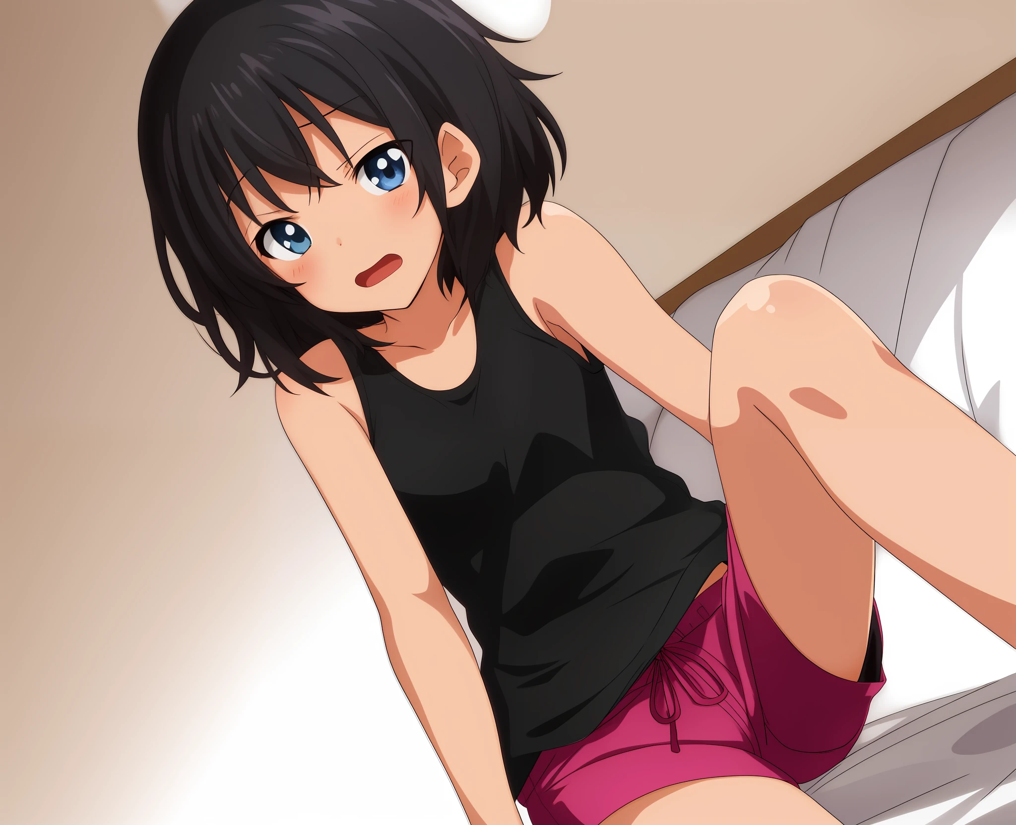 a cute, fair-skinned, short-haired anime girl, she has beautiful blue eyes and is wearing a black tank top, with pink short shorts, is sitting alone on the edge of a bed in the bedroom, she is open-mouthed and with an expression of concern, Moe-style image