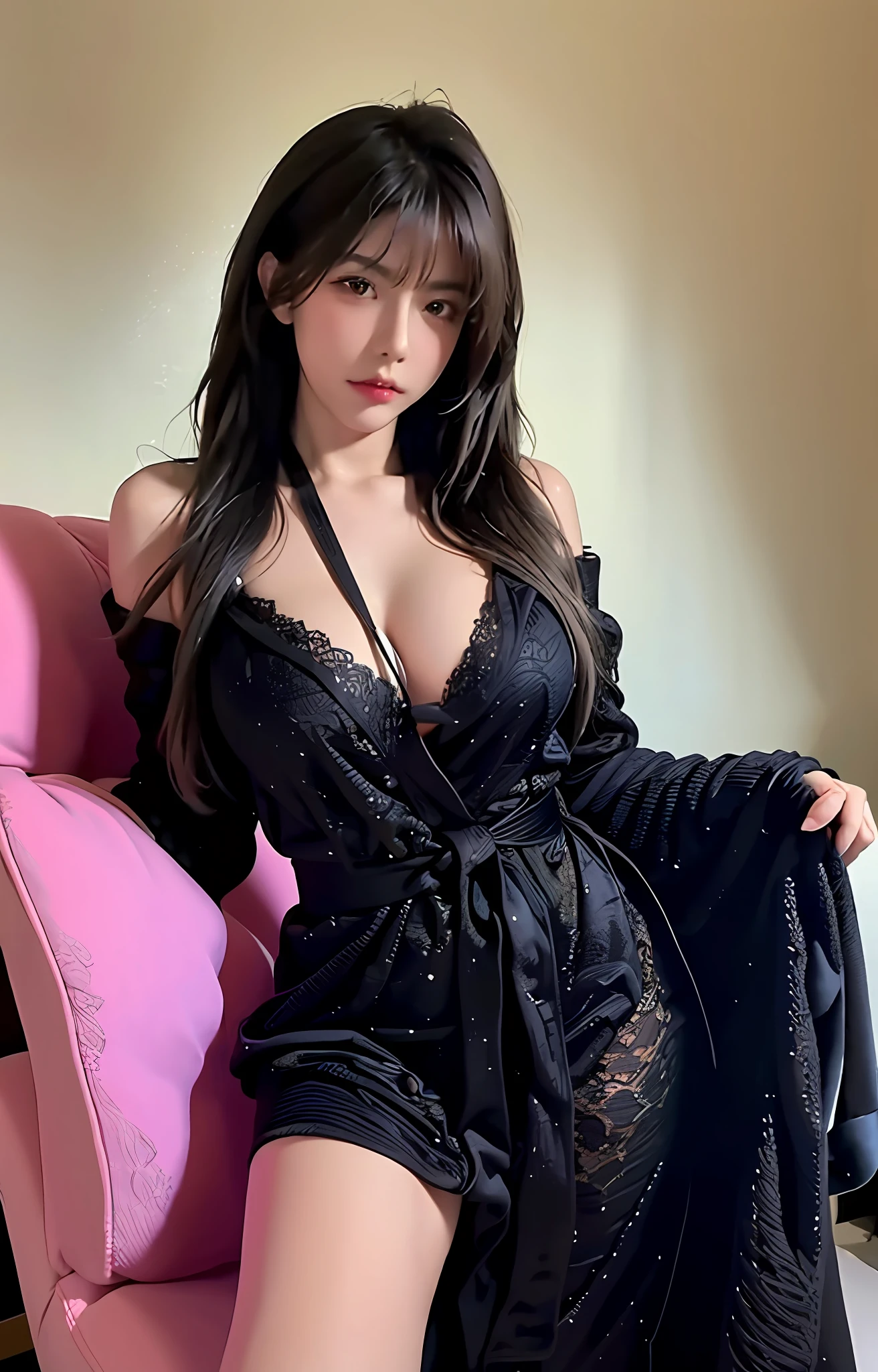 Best Quality, Masterpiece, Ultra High Resolution, (Realistic:Real), Original Photo, 1girl, ((Black Lace Dressing Gown)), ((Big Breasts)), Sexy Bikini, Deep V, Exposed cleavage, Sexy Pose