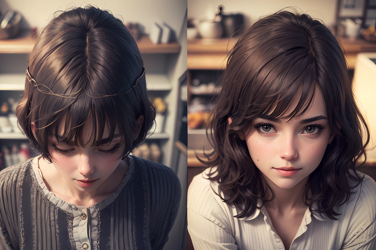 (8k, RAW photo, best quality, masterpiece:1.2), (realistic, photo-realistic:1.37), ultra-detailed, depth of field, 1 girl,cute, solo,beautiful detailed sky, detailed cafe, morning, sitting, dating, (nose blush), (smile:1.1), (closed mouth), medium breasts, beautiful detailed eyes, (collared shirt:1.1), bowtie, pleated skirt, (short hair:1.2), floating hair