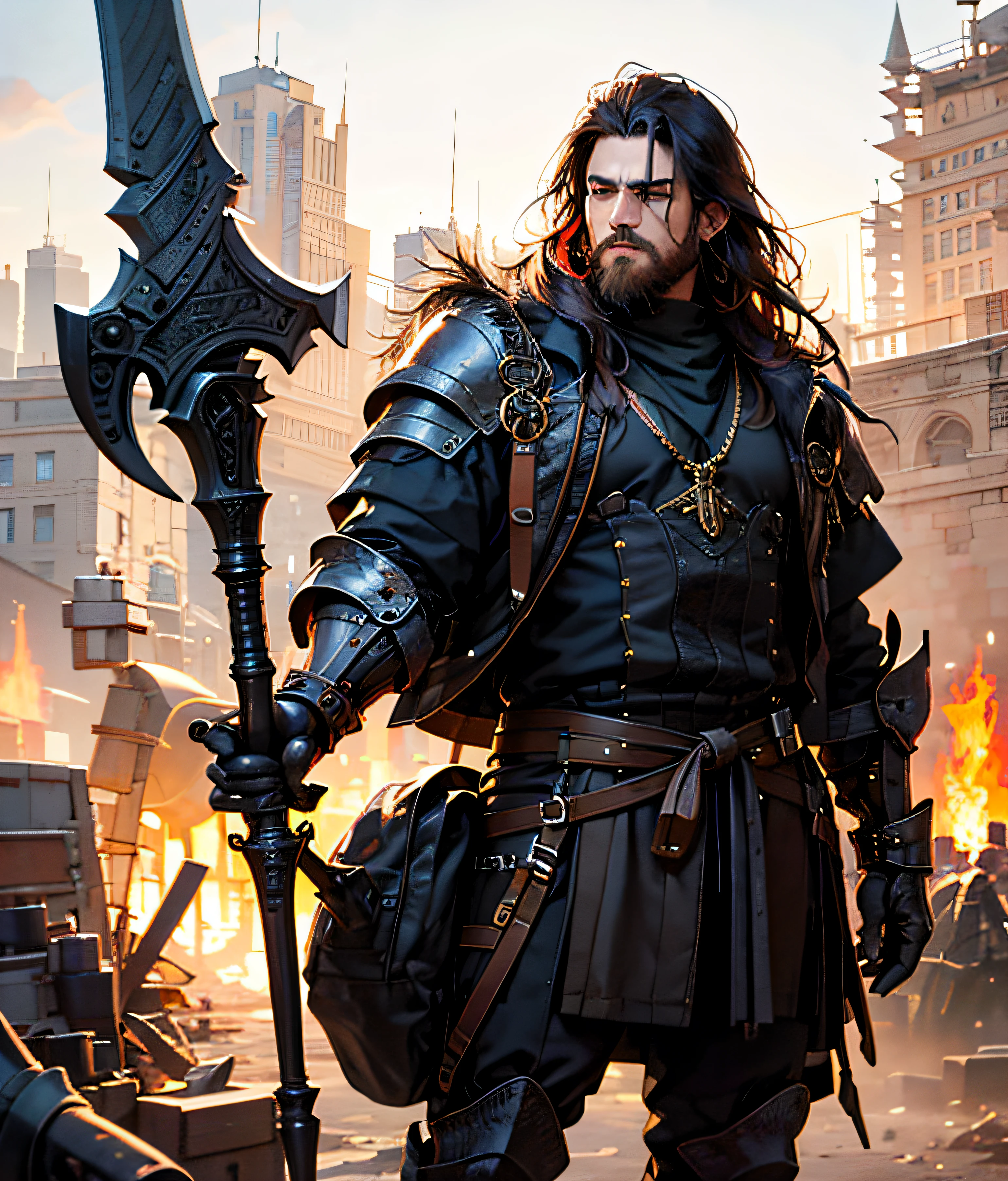 Draw a portrait of a Persian man with black hair and a long Viking-style beard. He has an athletic body and is wearing simple metal armor. His eyes are dark brown and express determination and wisdom. He holds a long halberd with confidence, a versatile rod weapon with a sharp blade at one end and a hook at the other. The halberd has ornate details and is an extension of the character's strong and imposing personality. The character's expression is serious, showing his dedication to combat and his leadership ability. Its armor is functional and practical, but it has elegant touches that reflect Persian culture. The character is a skilled and experienced warrior, ready to face any challenge that arises on his journey. Be sure to capture the essence of the character by showing his Persian and Viking style, as well as his strength and determination through his appearance and posture.