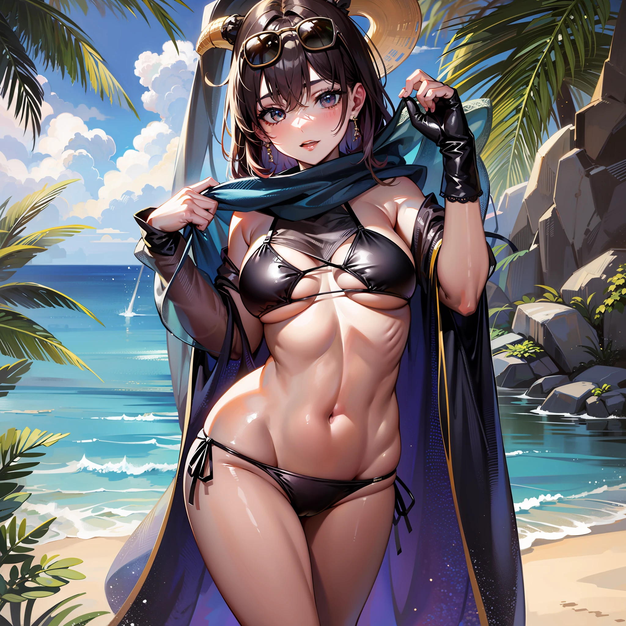 girl, bikini style, toned waist, medium, big ass, beach, champagne