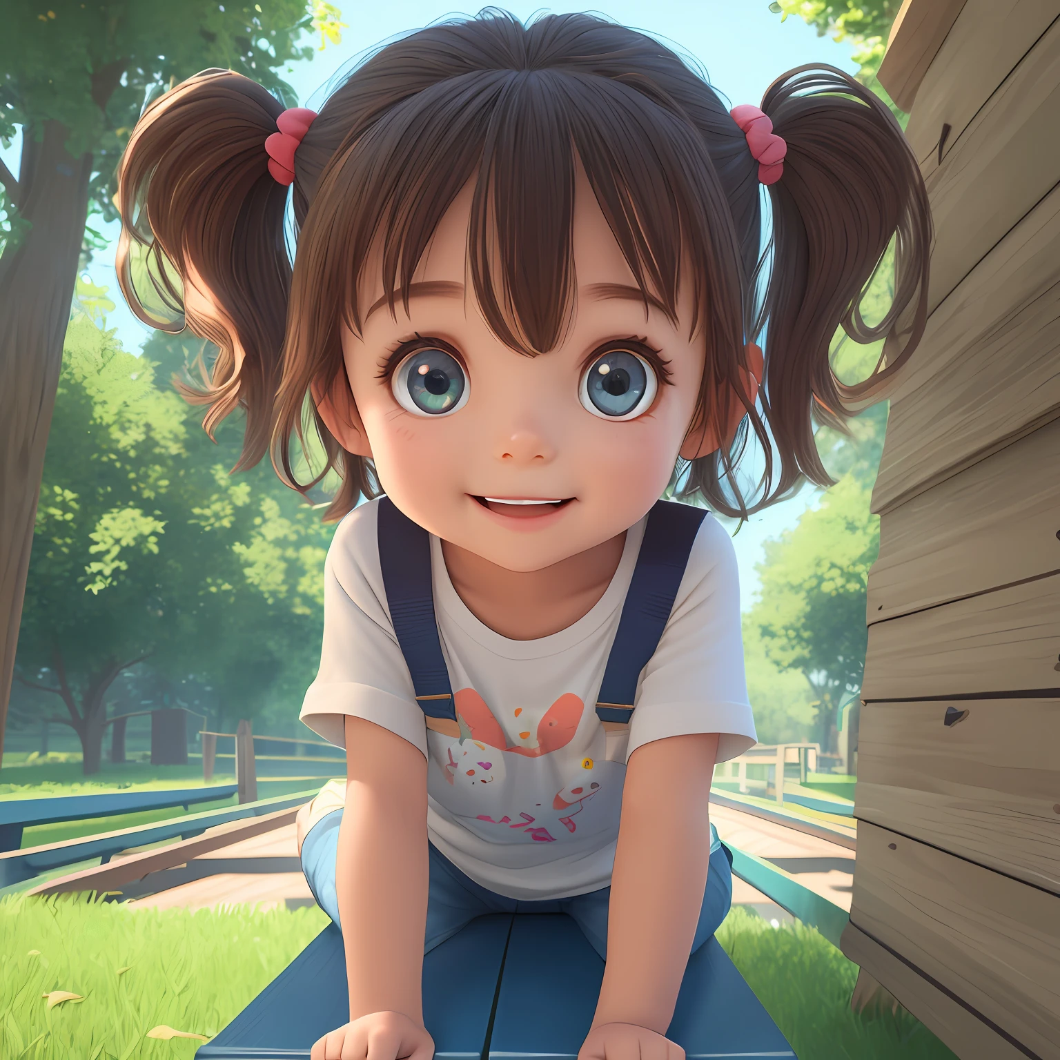 Little girl, up close, saying "I love playing on the seesaw", Pixar style, 3D style, Disney style, 8k, cute