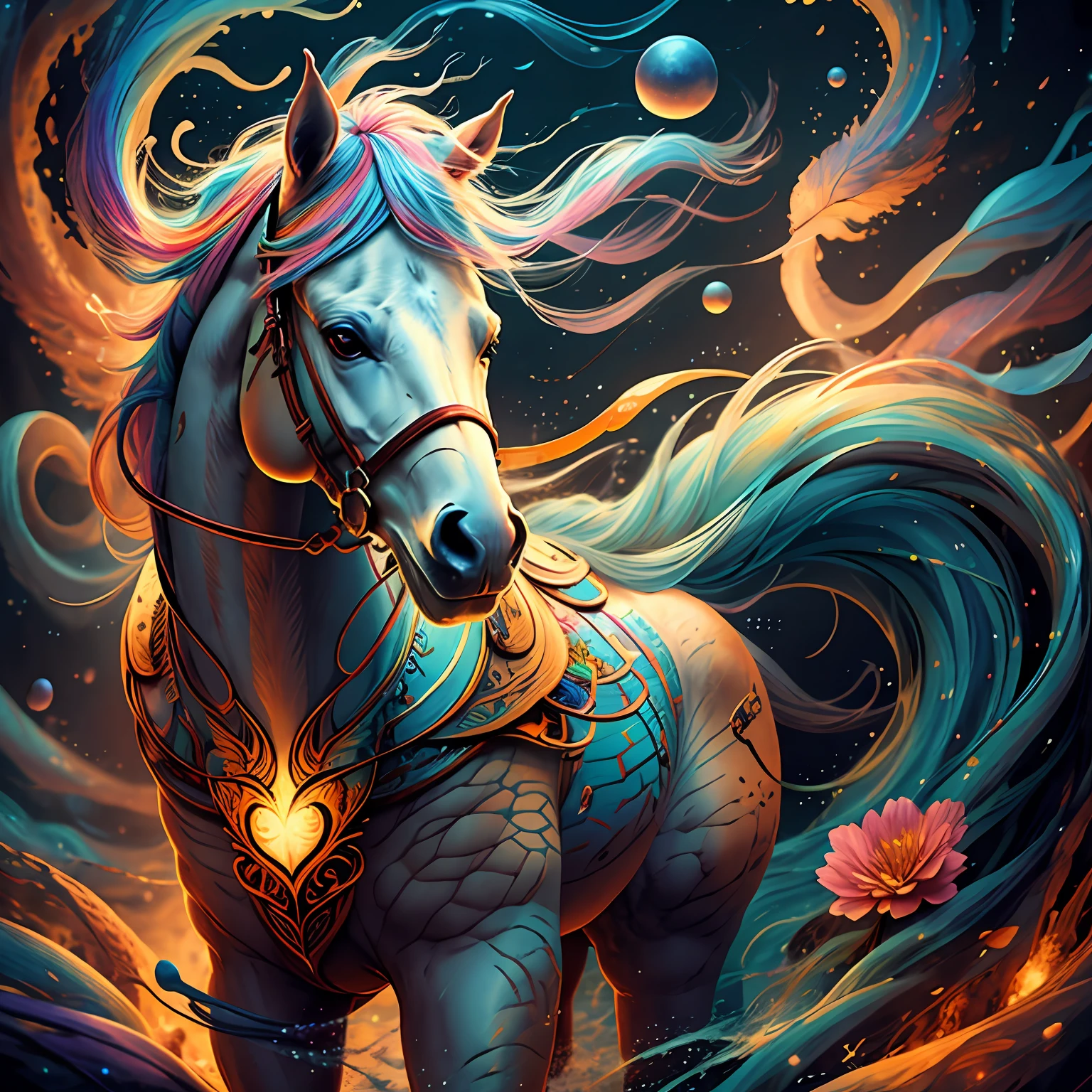 a painting of a colorful horse on a black background, breathtaking rendering, within a radiant connection, inspired by Kinuko Y. Craft,, magical elements, wow, is beautiful, casting a multi colorful spell, bright flash, flash