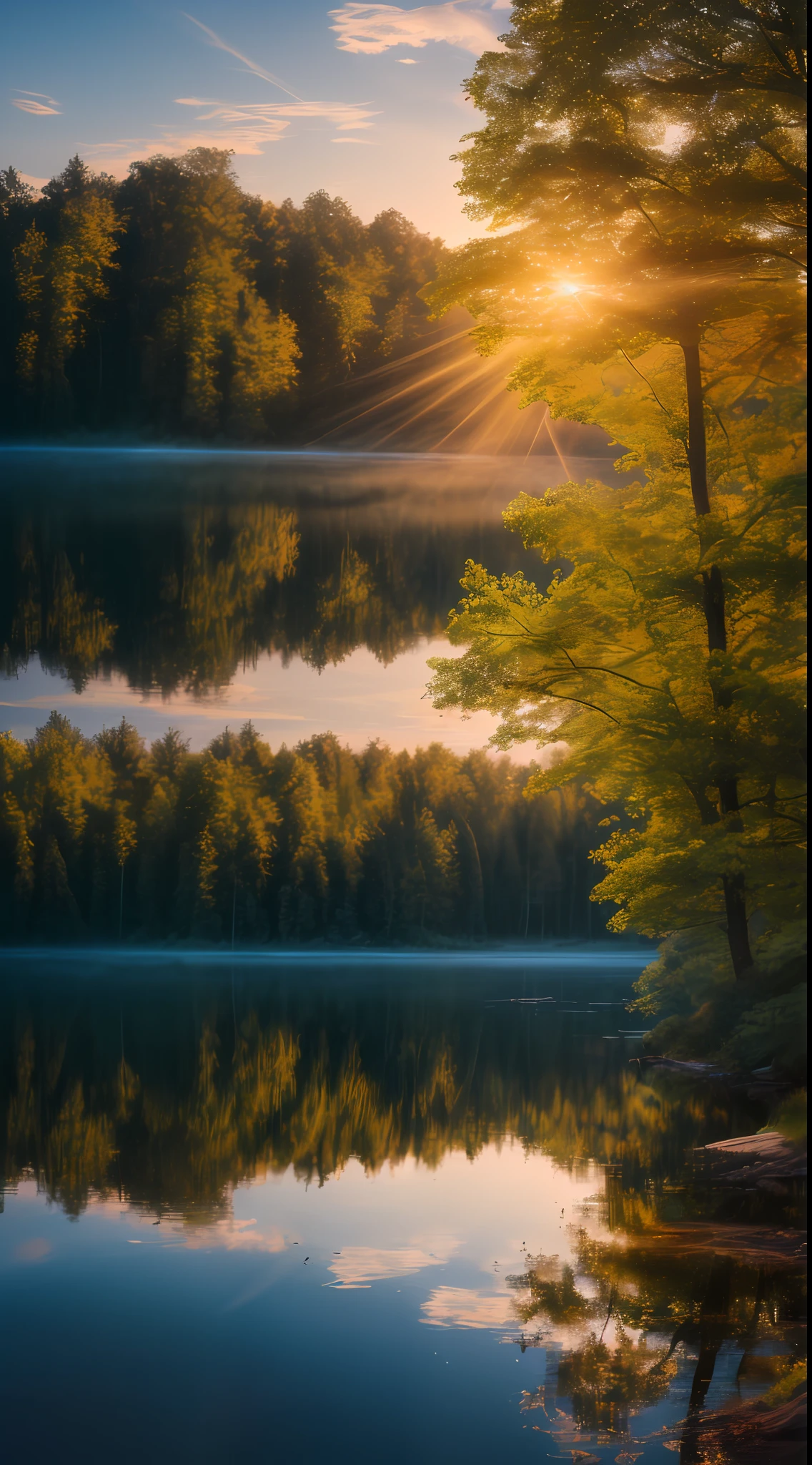 wallpaper, summer, lake, dawn, forest, detailed forest, clouds, masterpiece, cinematic, soft light, depth of field, ray tracing, reflection in water, realism, ulra detailed,