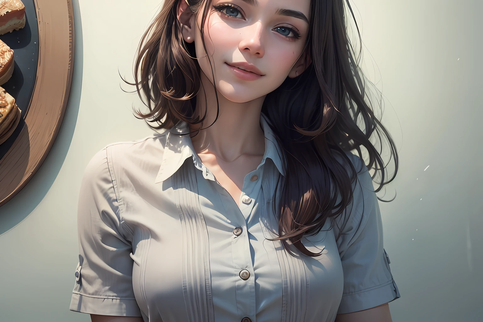(8k, RAW photo, best quality, masterpiece:1.2), (realistic, photo-realistic:1.37), ultra-detailed, depth of field, 1 girl,cute, solo,beautiful detailed sky, detailed cafe, morning, sitting, dating, (nose blush), (smile:1.1), (closed mouth), medium breasts, beautiful detailed eyes, (collared shirt:1.1), bowtie, pleated skirt, (short hair:1.2), floating hair