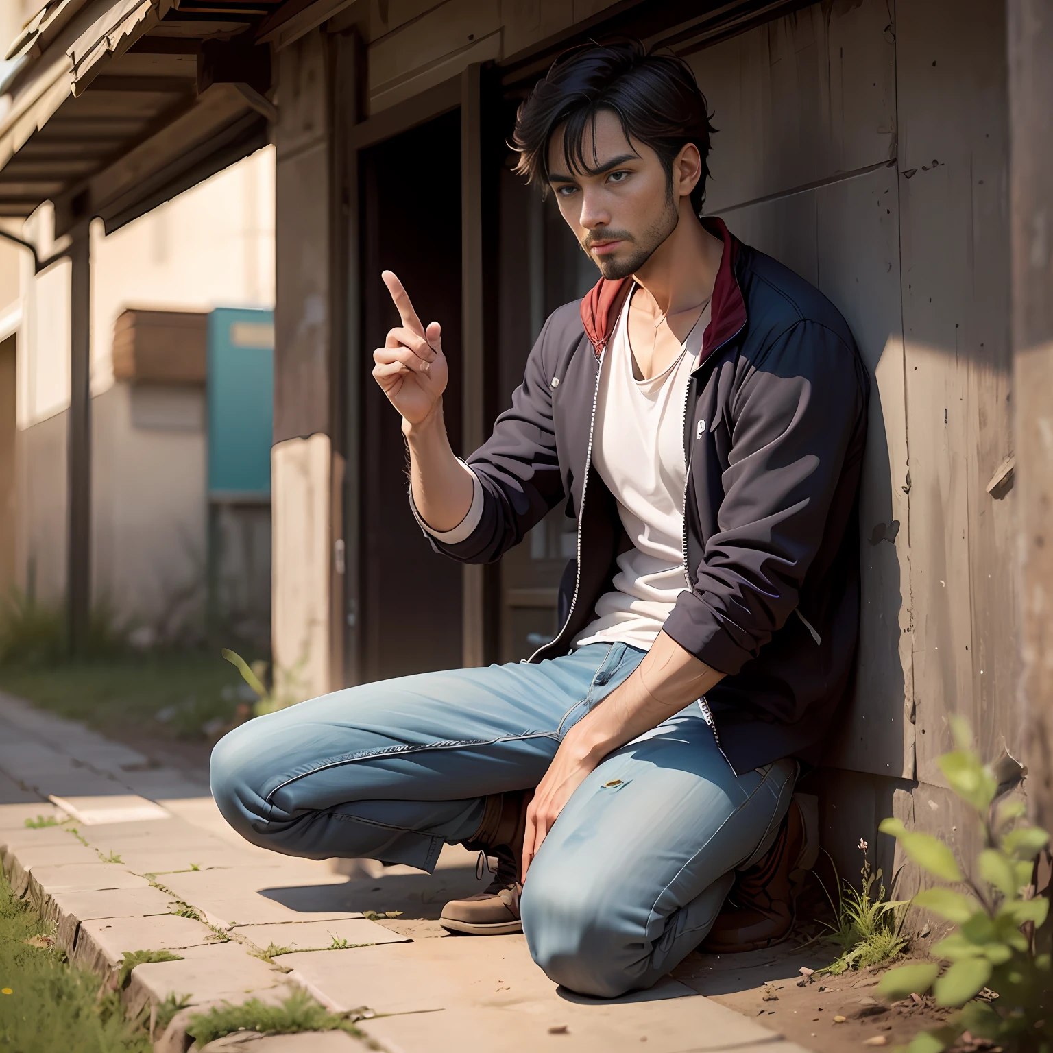 Good Samaritan, Jesus-like clothing, dangerous road, walking on the road, few vegetation, dirt road, desert, anime cartoon