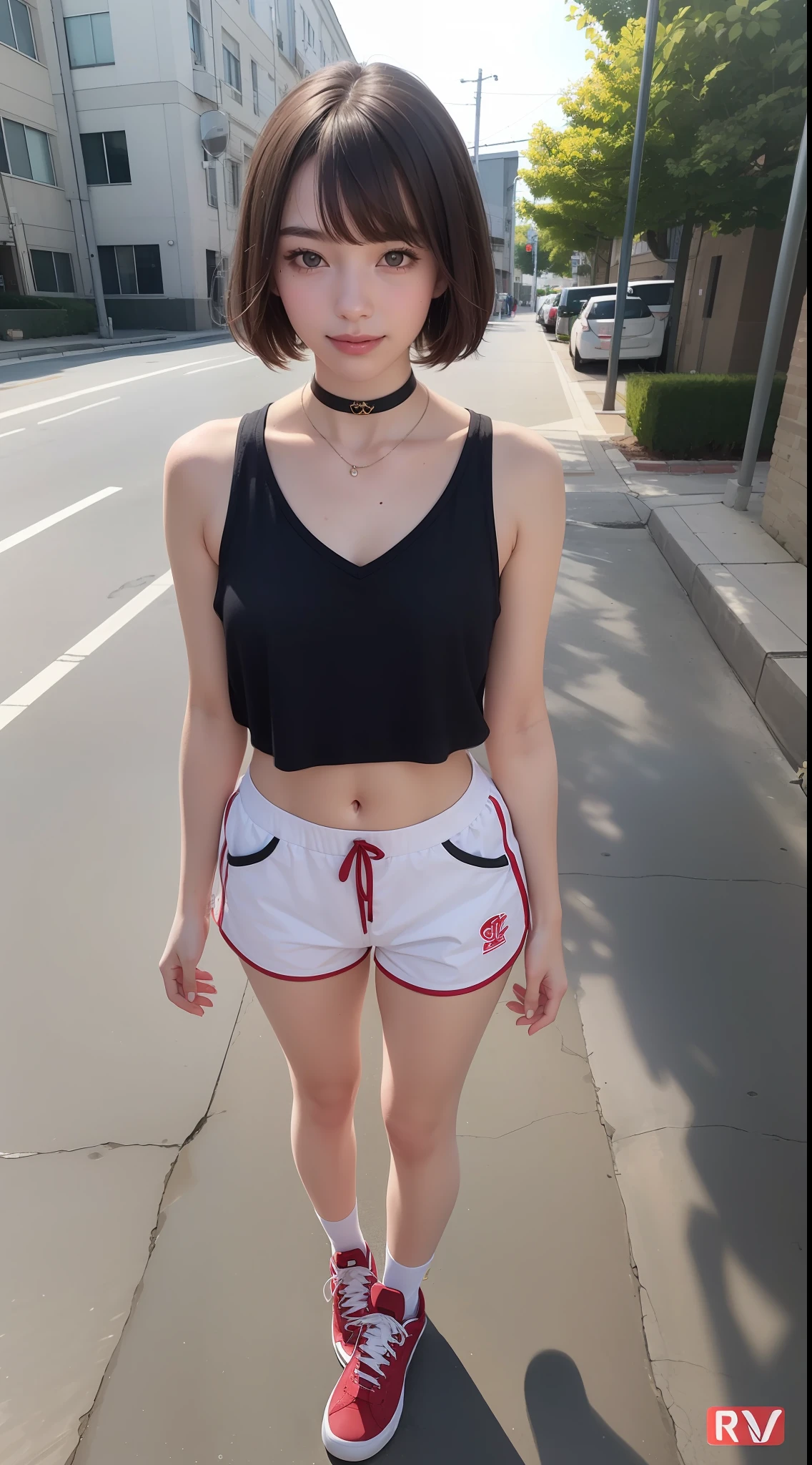 (RAW photo:1.2),(photorealistic:1.4),(masterpiece:1.3),(best quality:1.4),ultra high res,
HDR,8k resolution, 
dreamlike,
check commentary,commentary request,scenery,((no text)),
solo focus, (full body),
(detailed eyes),(detailed facial features), (detailed clothes features),
skin tight, (shiny skin),(slender girl),(slim girl),
(1girl,solo),VirtualGirl-Rin, happy, smile, (small breasts), bangs, bob hair, short hair, brown hair, brown eyes, black choker,
university student, schoolgirl, white high school sportswear,red sports shorts,sneakers,
