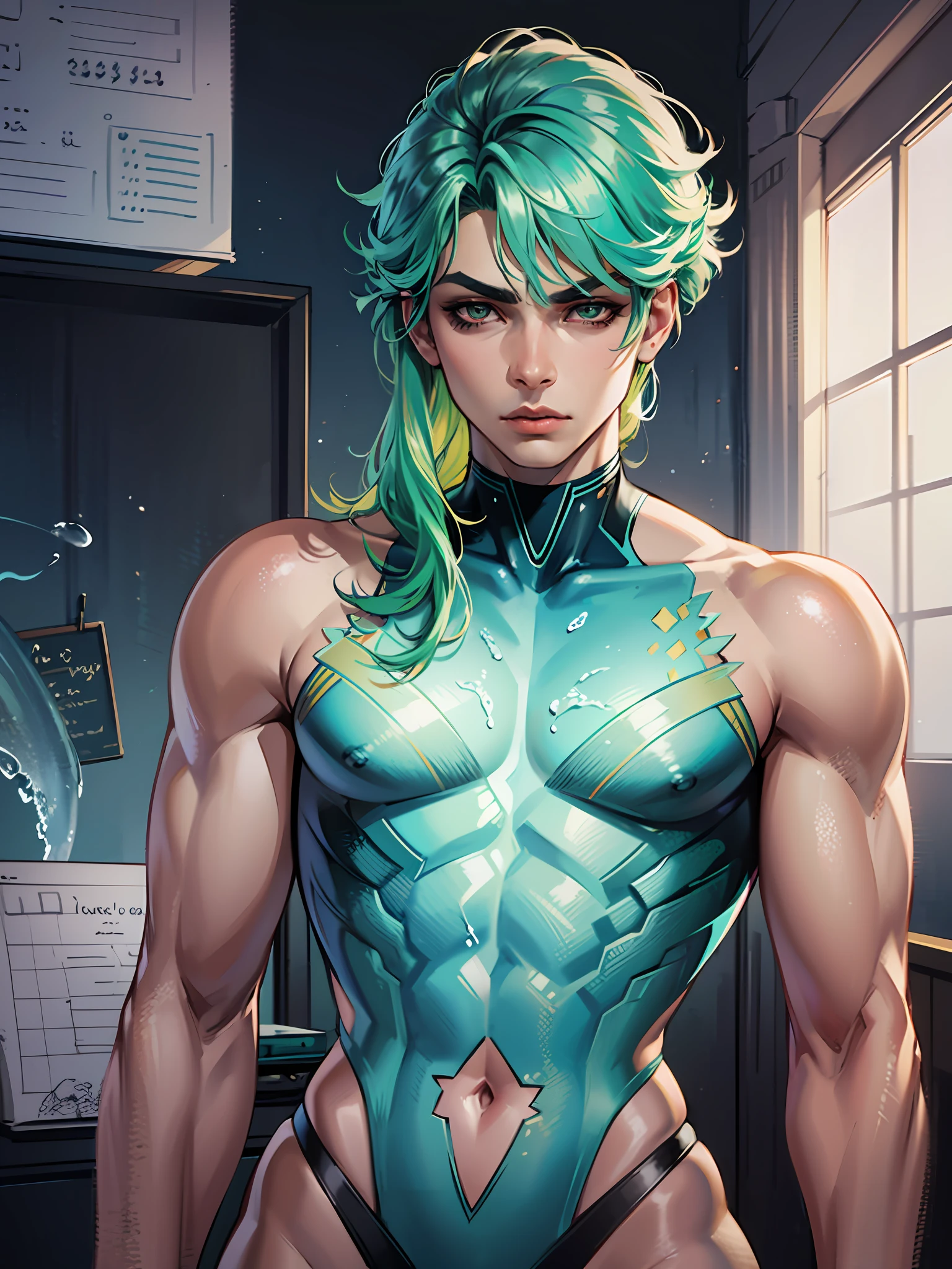 (masterpiece, best quality), man, wearing micro thong, bioluminescent_water world, wide angle, athletic body, male, iridescent skin, flat chest, silver eyes, green hair styled in spikes, determined expression, bioluminescent lighting, small waist, broad chest, big mane, slim scruffy, muscular , illustration, watercolor ink sketch, (best quality)), intricate detailed,solo, masterpiece,