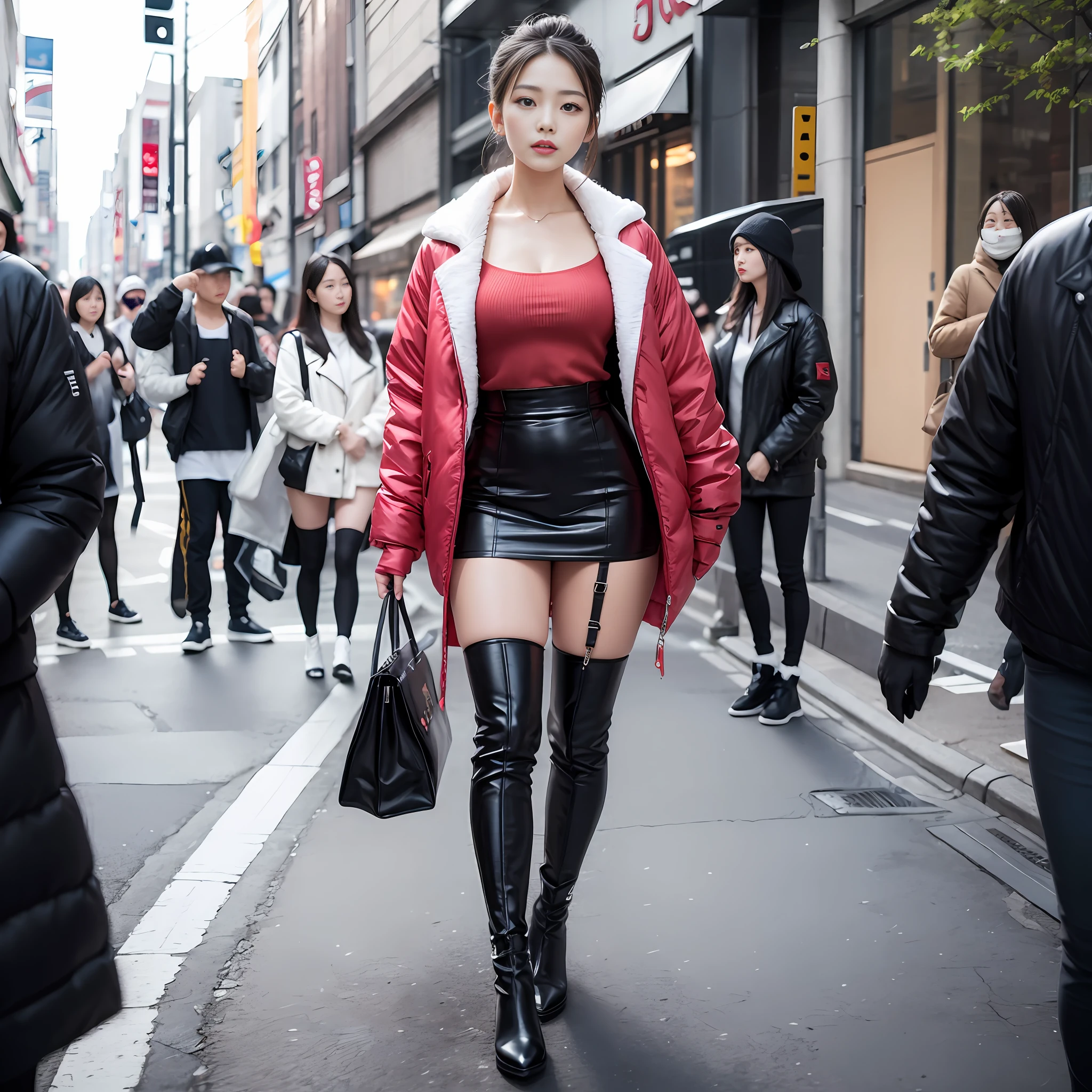 A woman in a white top and black boots standing on the street, Chinese female fashion model, white fluffy clothes, short skirt and long jacket, Japanese city street fashion, black pink Rosan Park, she wears streetwear, Japanese street fashion, Tokyo fashion, street dress woman in jacket and skirt, street fashion, Harajuku street fashion, beautiful woman walking in the wind, black gloves, over-the-knee red boots, tall, long legs, perfect body proportions, thin waist, black suspender stockings, tall, Slender body, nine-headed body, big eyes, beautiful and exquisite face, perfect body details, perfect body proportions, perfect visual proportions, fashion shooting, glamorous, feminine, delicate, highlighting female curves, subtext: sexy, confident. Chinese woman --auto --s2