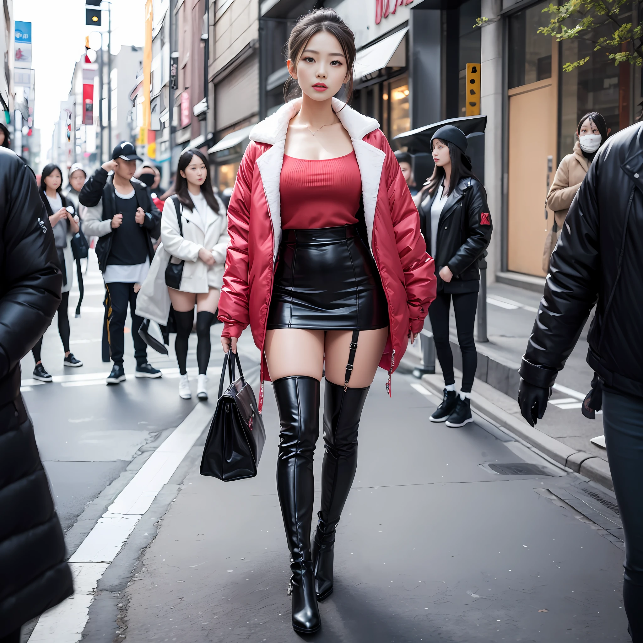 A woman in a white top and black boots standing on the street, Chinese female fashion model, white fluffy clothes, short skirt and long jacket, Japanese city street fashion, black pink Rosan Park, she wears streetwear, Japanese street fashion, Tokyo fashion, street dress woman in jacket and skirt, street fashion, Harajuku street fashion, beautiful woman walking in the wind, black gloves, over-the-knee red boots, tall, long legs, perfect body proportions, thin waist, black suspender stockings, tall, Slender body, nine-headed body, big eyes, beautiful and exquisite face, perfect body details, perfect body proportions, perfect visual proportions, fashion shooting, glamorous, feminine, delicate, highlighting female curves, subtext: sexy, confident. Chinese woman --auto --s2