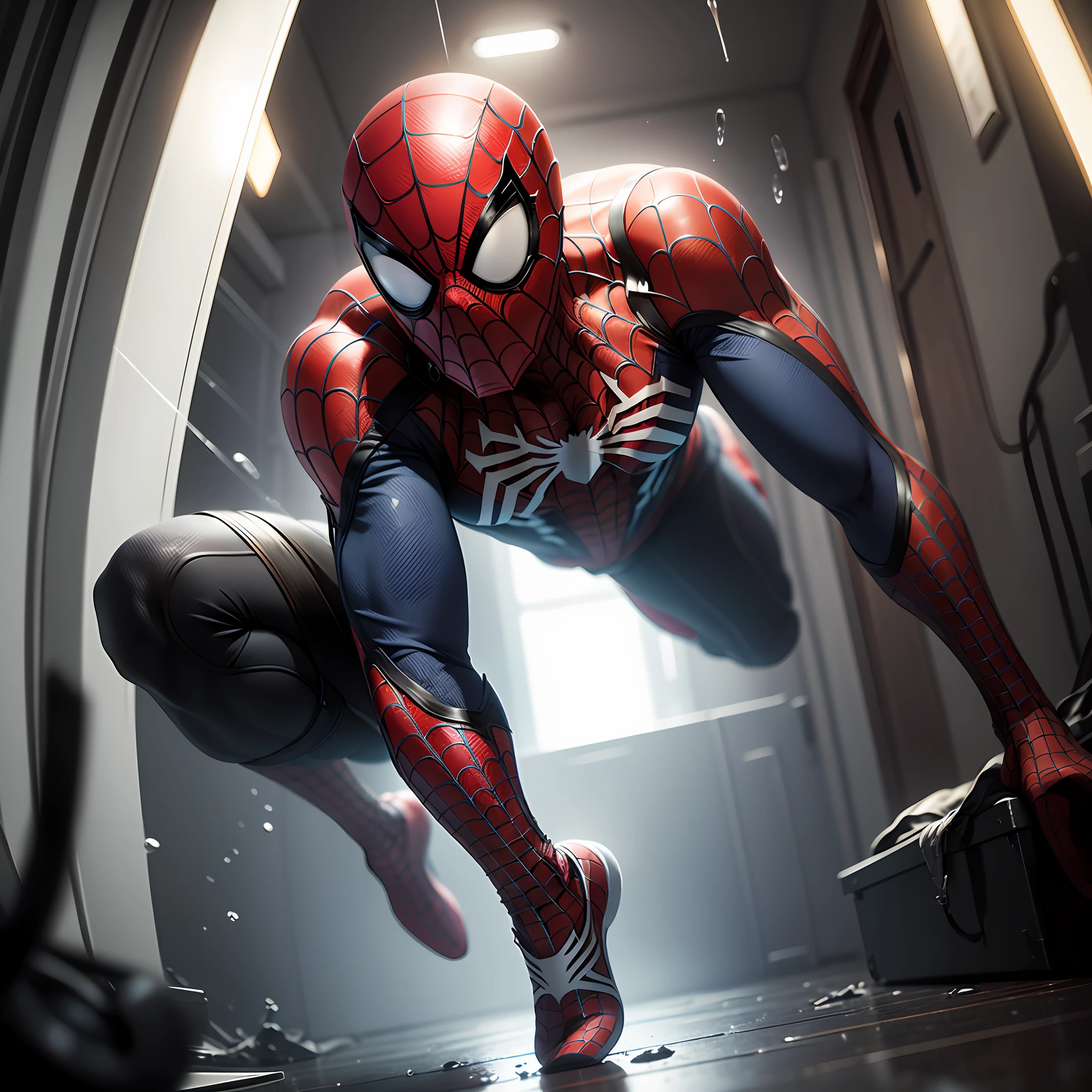 Hollywood film cover poster designs, Spider - Man jumps up and shoots spider silk, Fisheye lens, Ultra Low Angle Viewing Angle, Asymmetrical Composition, hyper - realistic, video game world, inspired by spider - Man, rainy, hyper - realistic, roaring, many details, glow effect, Wide - angle view, high detail, Detail Shot( ECU) , Unreal Engine, Quixel Megascans Render, 3D, 8K,--ar 3:4 --s 750 --v 5 --q 2 --auto